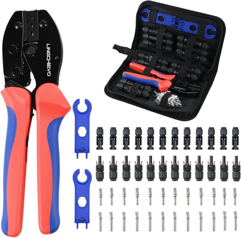 Solar Crimping Tool Kit 14-10 AWG with 12 PCS MC4 Connectors | Ratchet crimper with 2 spanner wrenches for solar panel cable crimping, PV connector assembly, installation and maintenance.