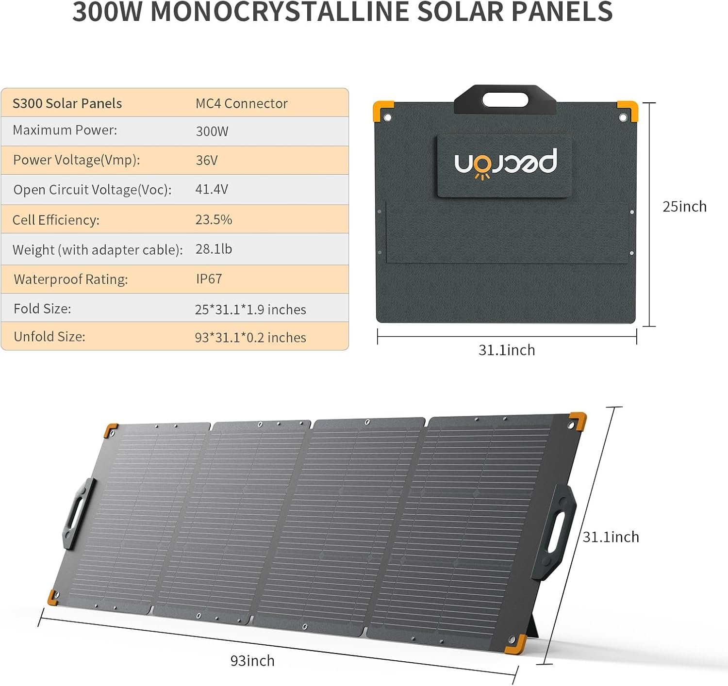 PECRON 300 Watt Solar Panel, Portable Solar Panel for Power Station, High Efficiency Panel Foldable, IP67 Waterproof Power Supply for Camping, RV, Outdoor, Off Grid System - Image 3