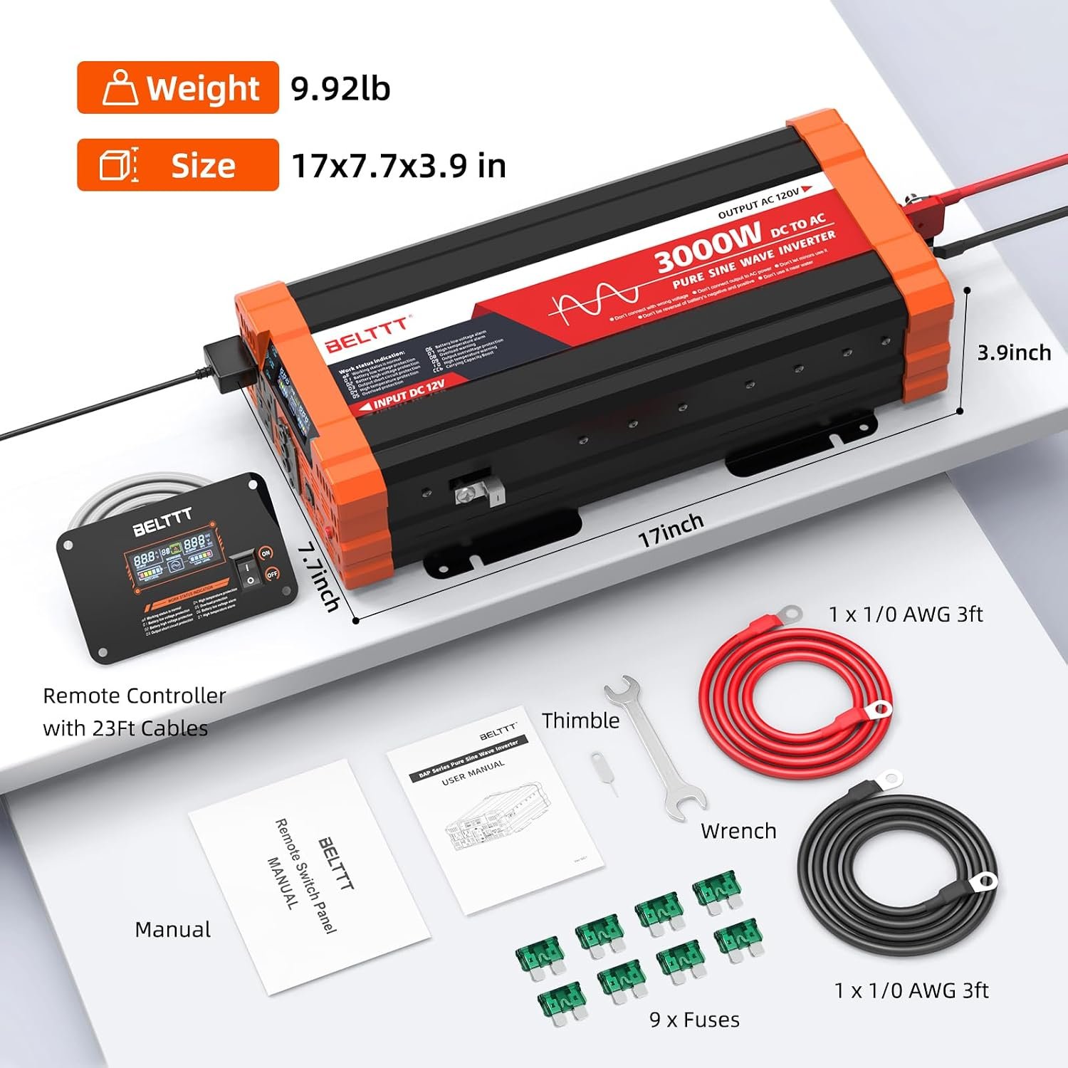 3000W Pure Sine Wave Inverter 12V DC to 120V AC, 6000W Peak | LCD Display, 23 ft Wired Remote, Dual AC and 20A Outlets, Hardwire Port, USB, Power Inverter for Solar, Off-Grid, RV, Truck - Image 8