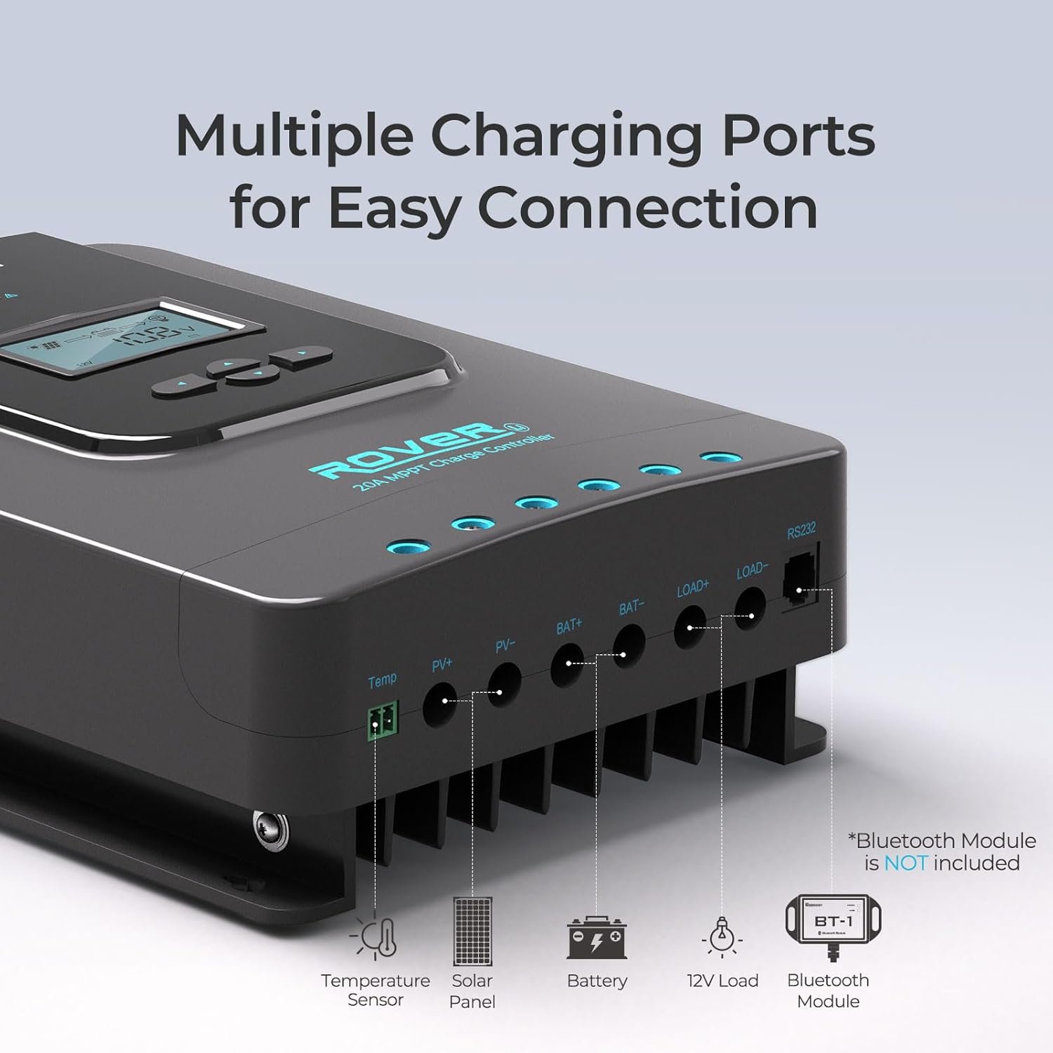 Renogy Solar Charge Controller Rover 20A 12V24V Auto DC Input MPPT Charge Controllers for Solar Panels Adjustable LCD for Gel Sealed Flooded Lithium Batteries | 95V PV input, AGM/Gel/Flooded (auto), Li (manual), MPPT 99% tracking,overcharge/short protection, negative ground, for RVs - Image 7