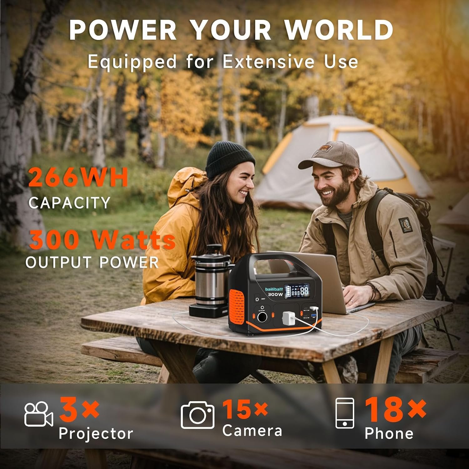 BailiBatt Portable Power Station 300W, 266Wh Solar Generator | Pure Sine Wave AC Outlet, Dual USB-C PD (24W+18W)&7 Outputs, Backup Battery for CPAP, Camping, RV, Home, Blackout - Image 2