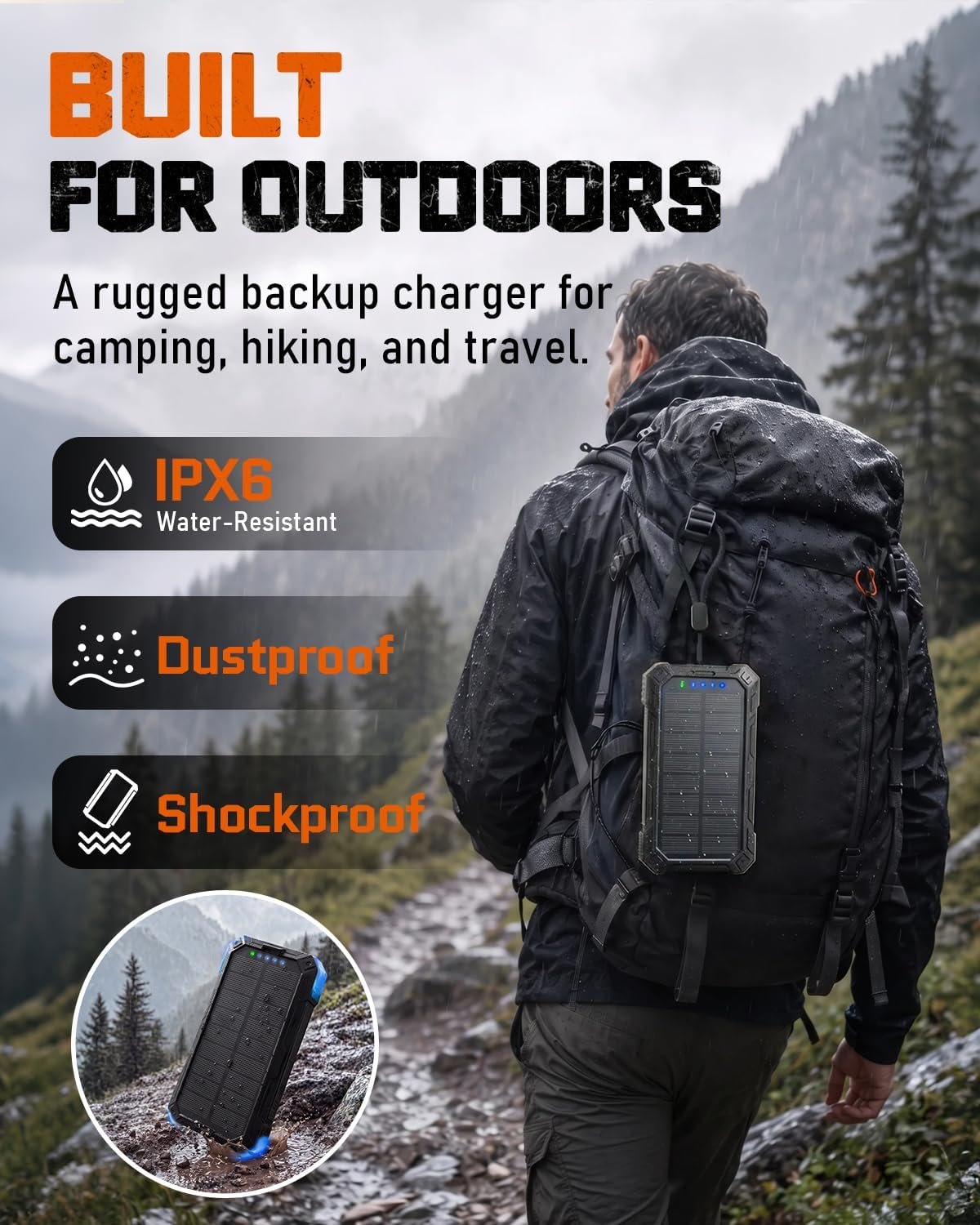 Solar Charger Power Bank - 49800mAh QC3.0 Fast Charging Portable Charger | 5V/3.1A Wireless Solar Battery Charger Built-in 4 Cables with USB C & Flashlight, Power 6 Devices for iPhone/Android(Inky) - Image 8