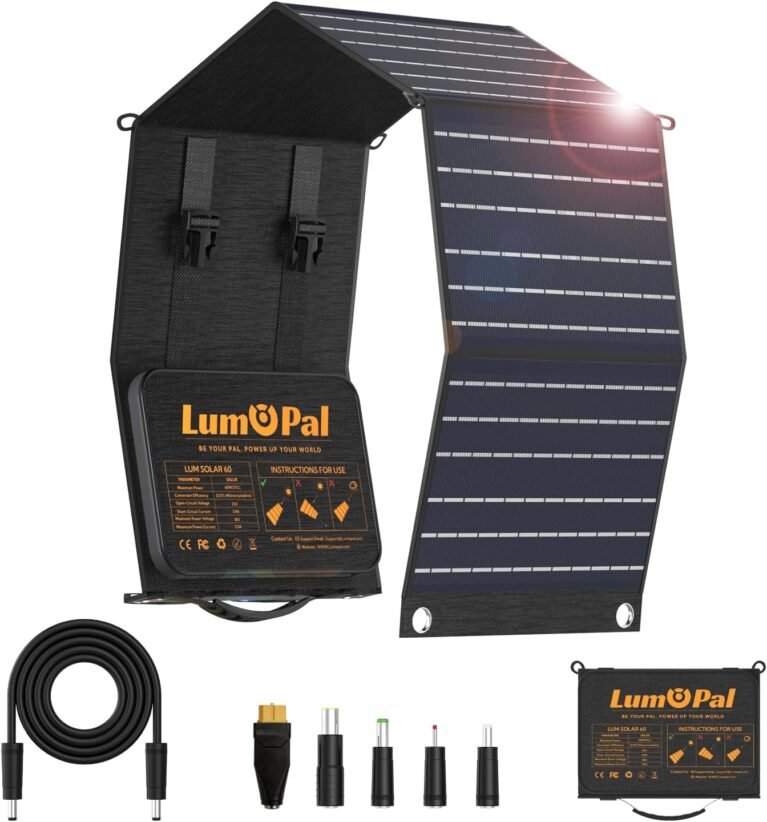 Portable Solar Panel, LUMOPAL 60W Foldable Solar Panels Folding Solar Charger with PD60W USB C QC3.0 USB A Output Waterproof for Camping Backpacking Compatible with Phone Laptop Portable Power Station