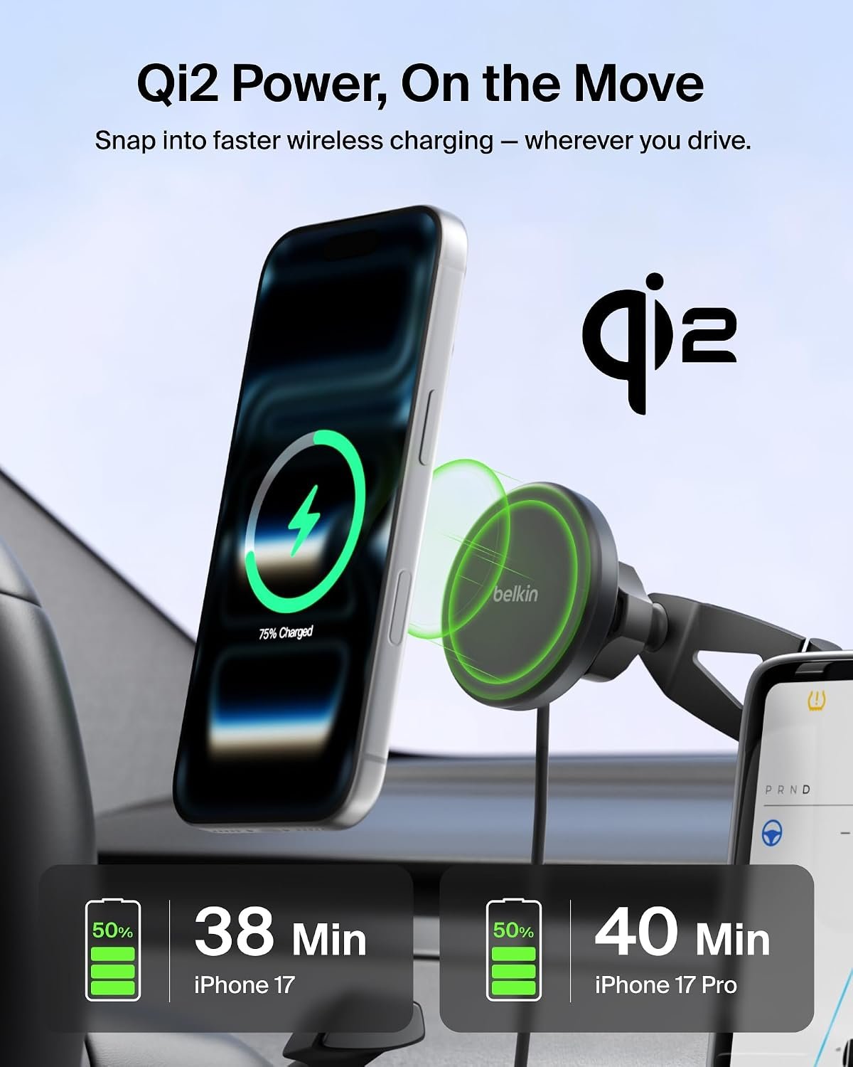 Belkin Qi2 15W Magnetic Wireless Mount for Tesla, Fast Charging Car Charger | MagSafe Compatible, iPhone 15/16/17, Samsung Galaxy S26, AirPods, iPads, MacBook, Chromebook, Car Phone Charger - Image 2