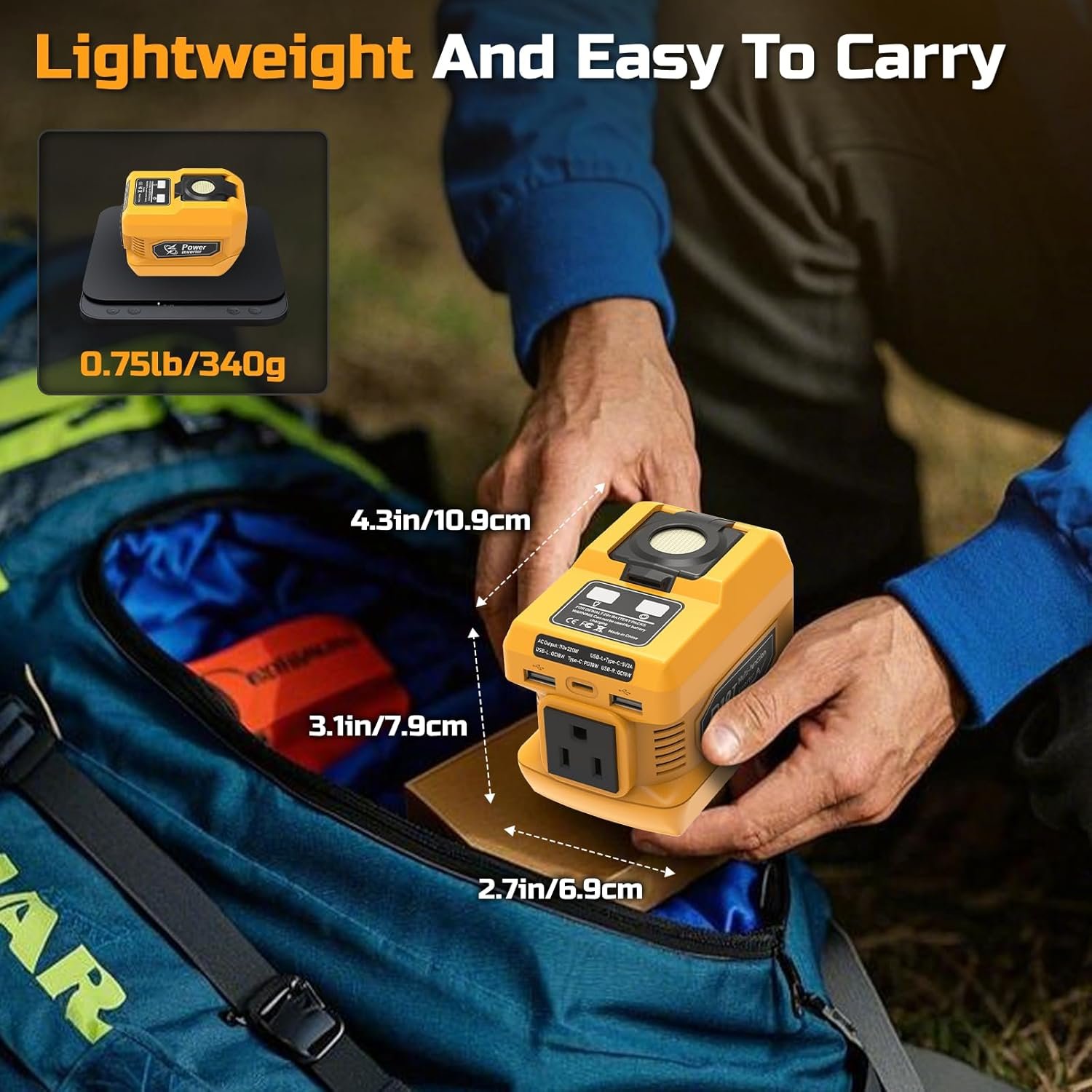 220W Power Inverter Compatible with Dewalt 20V Battery, DC 20V to AC 110V Inverter, Portable Power Station Generator with 1 AC Outlet, 2 USB Ports & 1 Type-C Fast Charging, 400LM LED Work Light - Image 5