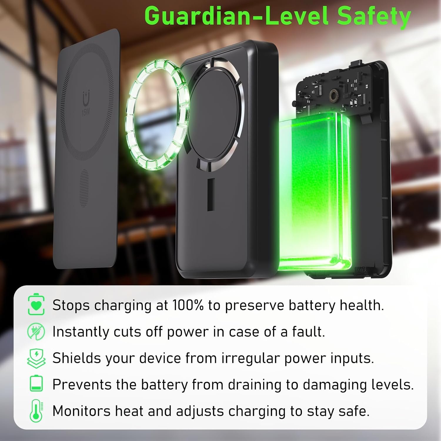 Magnetic Power Bank 10000mAh for Samsung & Android, 4-in-1 Portable Charger with Built-in Type-C/Lightning Cables and Foldable Stand, 15W Fast Charging Wireless Battery Pack for iPhone, Travel - Image 6