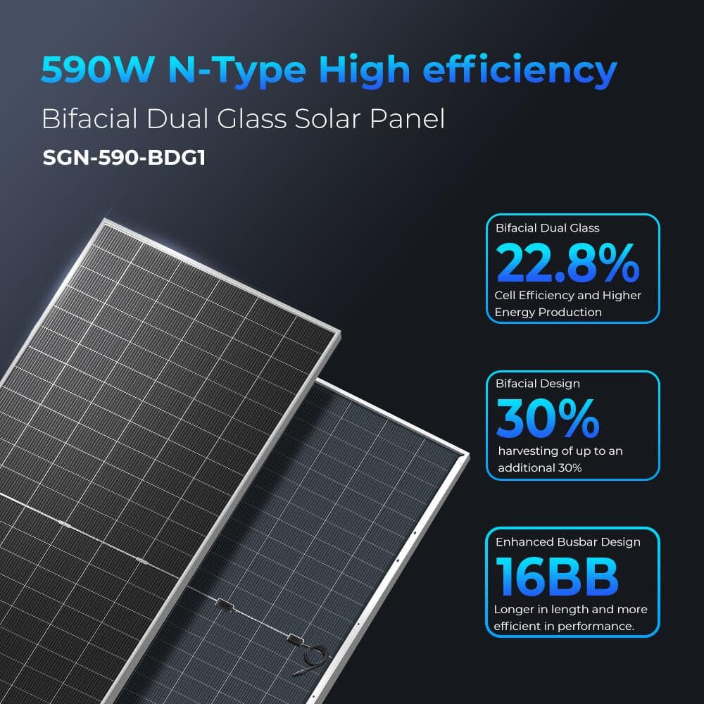 SUNGOLDPOWER 590W Bifacial Solar Panel 6PCS,N-Type 16BB,High Efficiecy Up to 30% Extra Power,Vmp 44.4V/PCS,for 24V/48Vdc Home Backup,Energy Storage,On Grid/Off-Grid System UL61730 (6 * 590W Bifacial) - Image 2