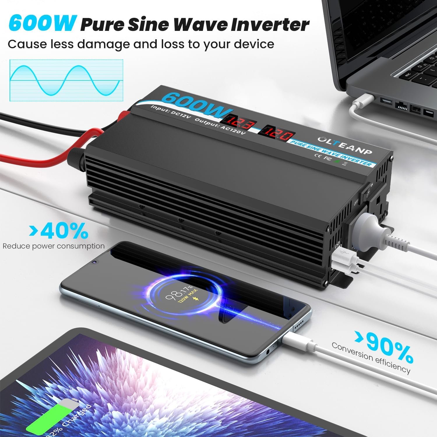 600W Pure Sine Wave Inverter 12V DC to 120V AC Converter for RV, Camping | 1200W Peak,2 AC Outlets, Dual 3.4A USB Ports,LCD Display, Power Converter for Car, Truck, Vehicles, Laptop,Van Life, Outdoor - Image 2