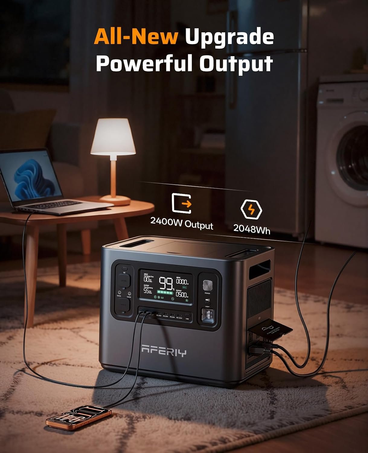 AFERIY P210 Solar Generator 2048Wh Portable Power Station 2400W (4800W Peak | 3500+Cycle LiFePO4 Battery,AC Fast Charging,12V/25A XT60 DC output,10ms UPS Power Outages,Home Backup,Camping(Solar Optional) - Image 3