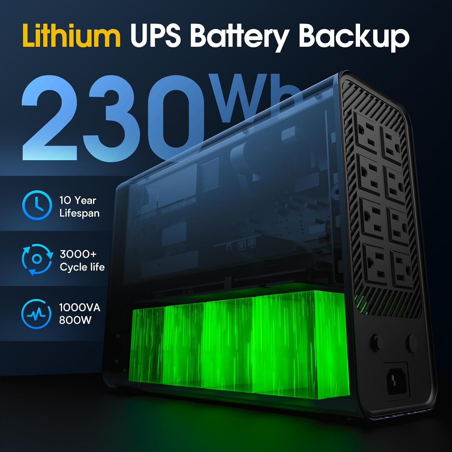 GOLDENMATE 1000VA/800W Lithium UPS Battery Backup & Surge Protector, White | Pure Sine Wave, 8 Outlets, Color LCD, 230Wh LiFePO4 Backup Battery, Uninterruptible Power Supply for PC/Internet/Home Office - Image 5