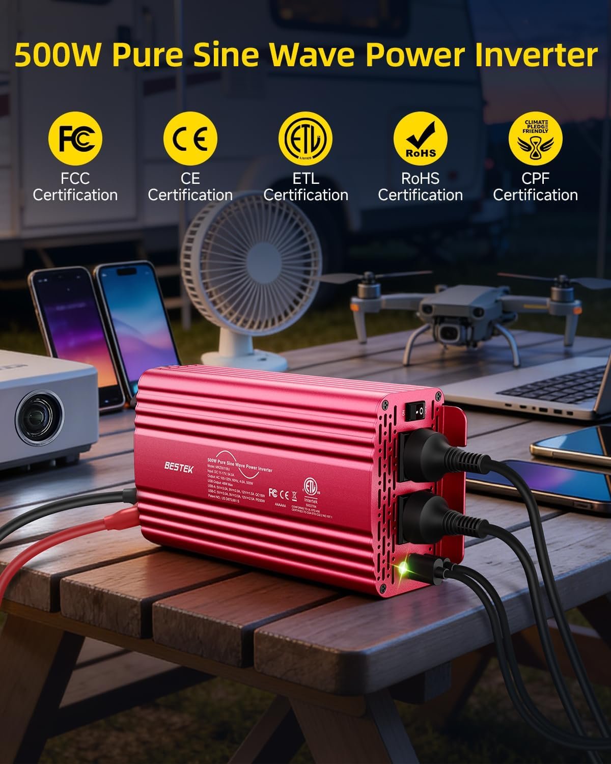 BESTEK 500W Pure Sine Wave Power Inverter DC 12V to AC 110V Car Converter | PD 30W & QC 18W Fast Charging Port, Dual AC Outlets, Car Power Plug Adapter for Solar, RV, Truck, Outdoor Camping, Road Trips - Image 2