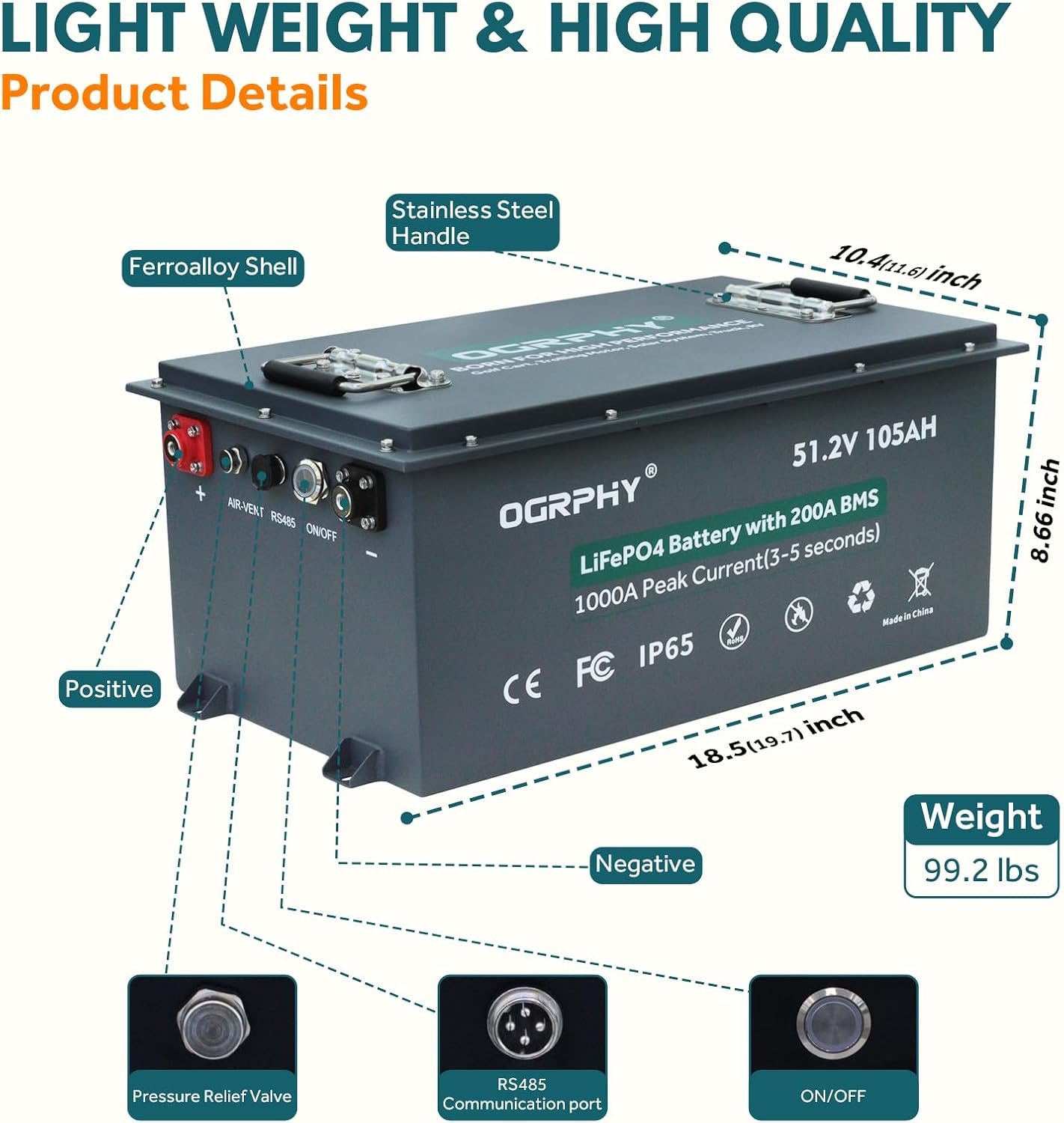OGRPHY 48V Lithium Golf Cart Battery, 200A BMS(1000A Peak Current), with Touch Monitor & Mobile APP, 4000+ Cycles 48V Lithium Battery with 18A Charger, Perfect for Golf Carts, Solar(105AH) - Image 2