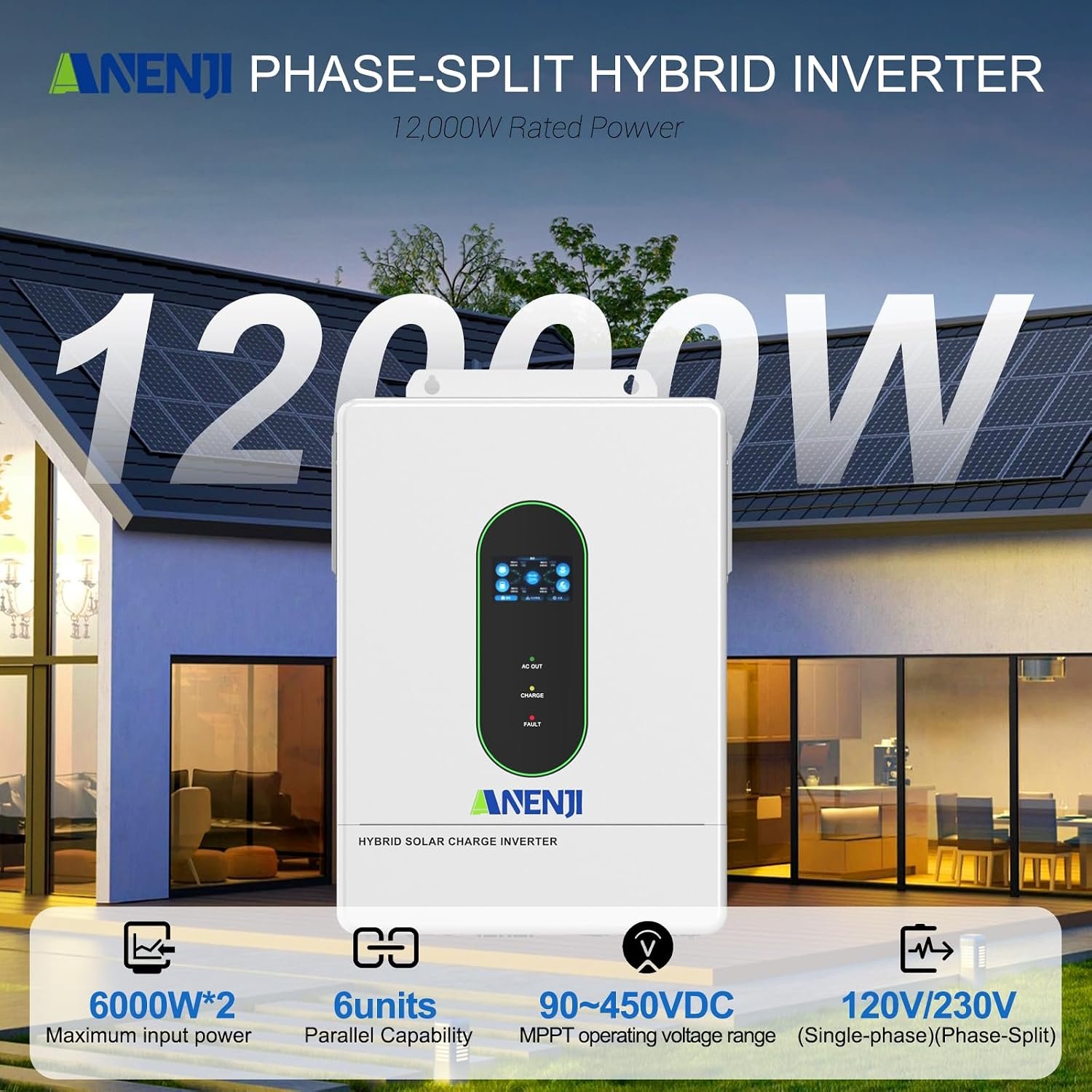 12000W Hybrid Solar Inverter 48V DC to 110/220V AC, Pure Sine Wave | Single Phase Split Phase Power Inverter, Built-in 2 MPPT Controller, Max. 220A Battery Charging, Parallel 6 Units, UL1741 - Image 2
