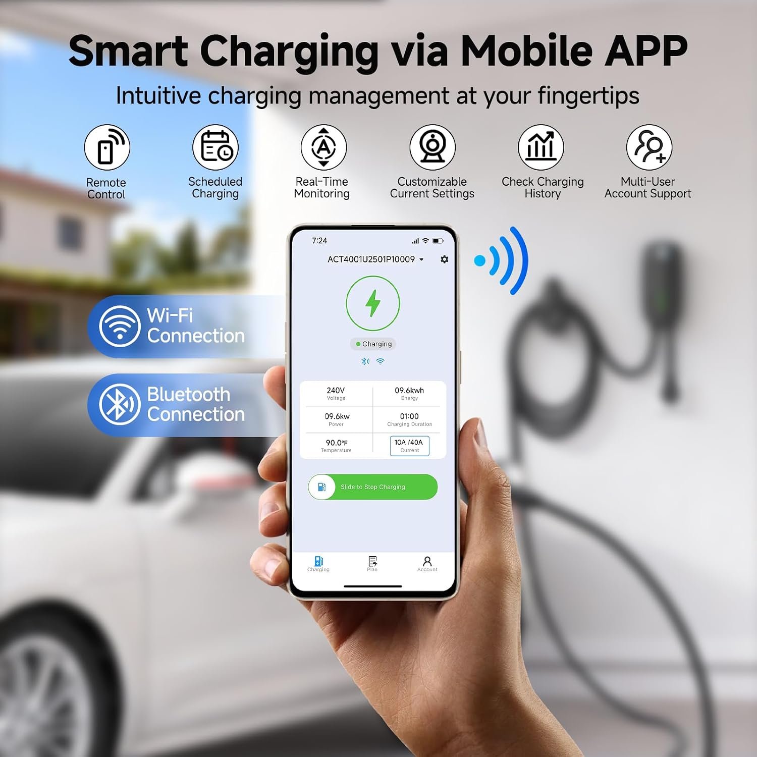 EVDANCE Level 2 EV Charger 40A 9.6kW 240V Smart WiFi Home Charging Station, NEMA 14-50 Plug & 25ft Cable, IP65 Charger for EVs (Tesla with Adapter) - Image 2