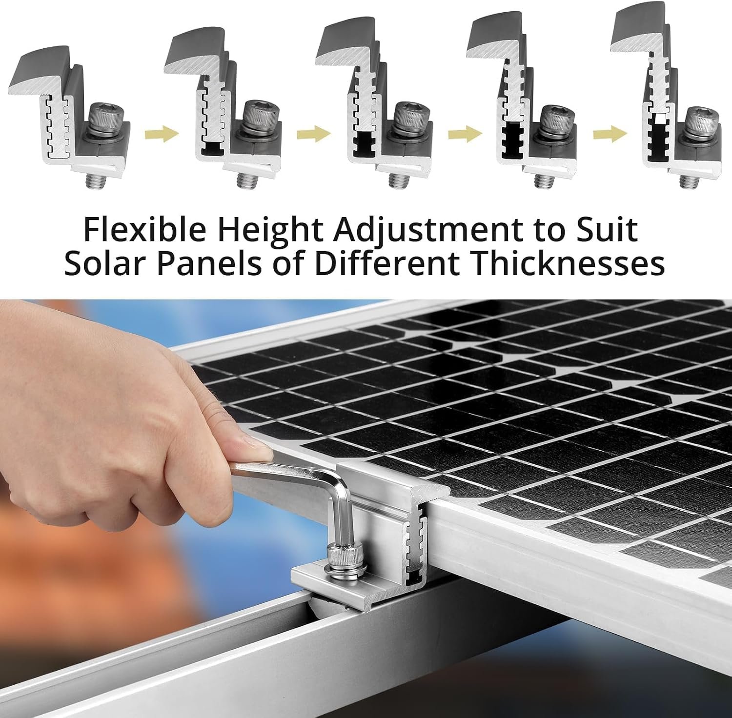 Anbte 10pcs Solar Panel End Clamps 30-50 mm Adjustable, Solar Mount Bracket | Aluminum Solar Panel Mounting Kit with 10*Screw M8 &1*Wrench, For Metal Roof, Tin Roof, Flat Roof, Sheet Roof, Ground, Silver - Image 2