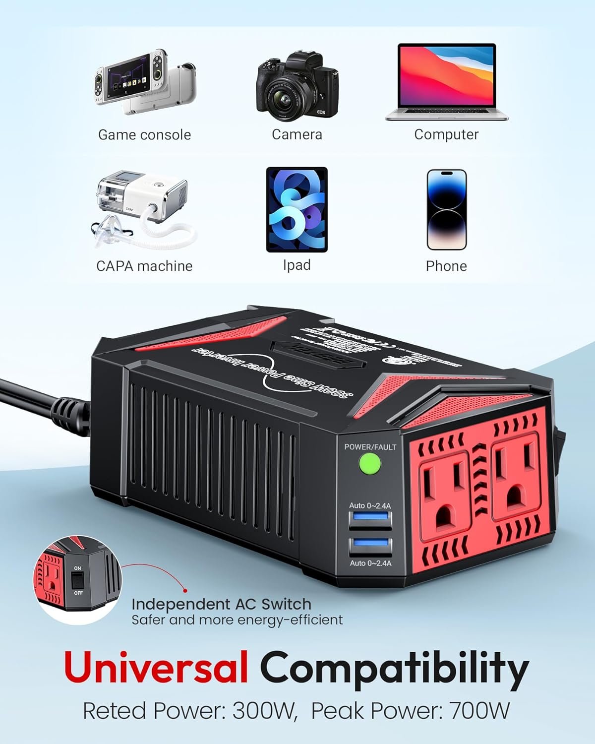 BESTEK Pure Sine Wave Power Inverter, 300W DC 12-17V to 110V AC Car Adapter | Vehicle Plug in Cigarette Lighter Outlet Solar Inverter, 4.8A Dual USB Fast Charging Ports for Phone, Laptop, CPAP(Black) - Image 6