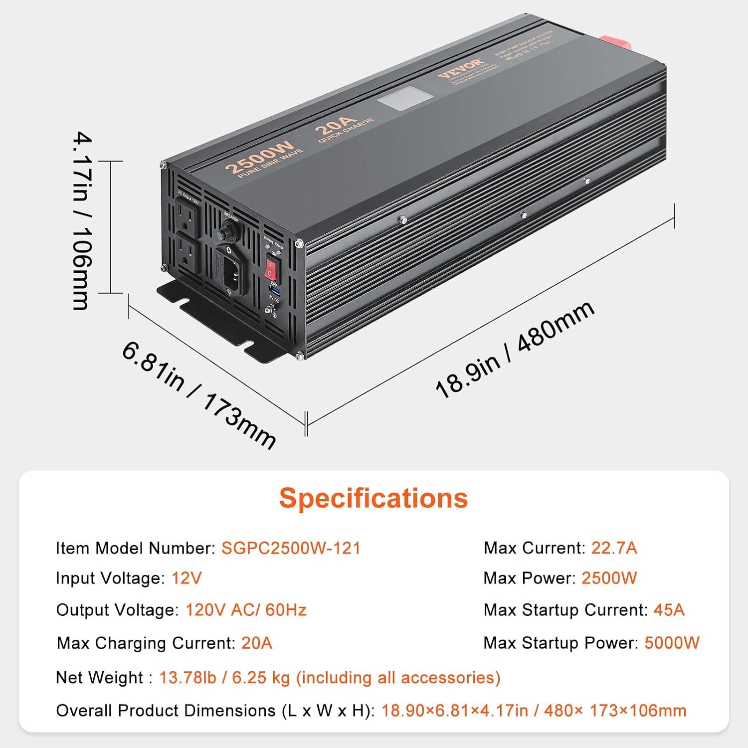VEVOR 2500W Sump Pump Battery Backup System LCD Display Corded Auto Switch | Automatically Shifts to Inverter Power, Uninterrupted Operation, Battery Backup Inverter, for Emergencies & Power Failures - Image 7