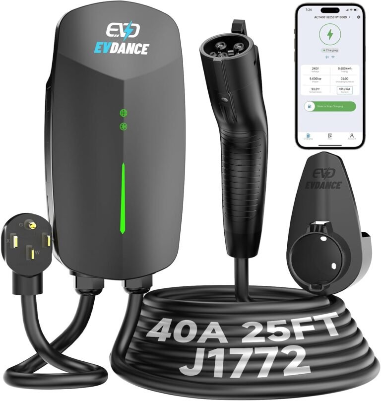 EVDANCE Level 2 EV Charger 40A 9.6kW 240V Smart WiFi Home Charging Station, NEMA 14-50 Plug & 25ft Cable, IP65 Charger for EVs (Tesla with Adapter)