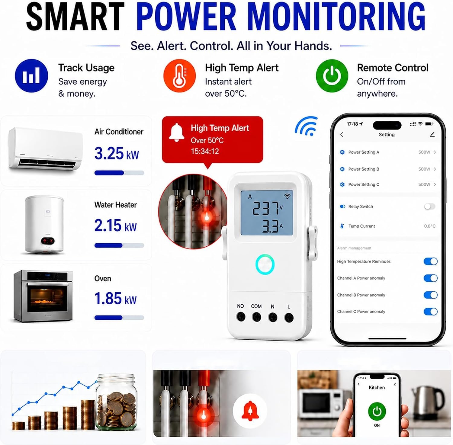WiFi Home Energy Monitor with 3 80A CT Clamps, Circuit-Level Monitoring, Real-Time Electricity Usage Monitor, Smart Life/Tuya App, Voltage Current Power Tracking for Home, Solar, HVAC, Water Heater - Image 3