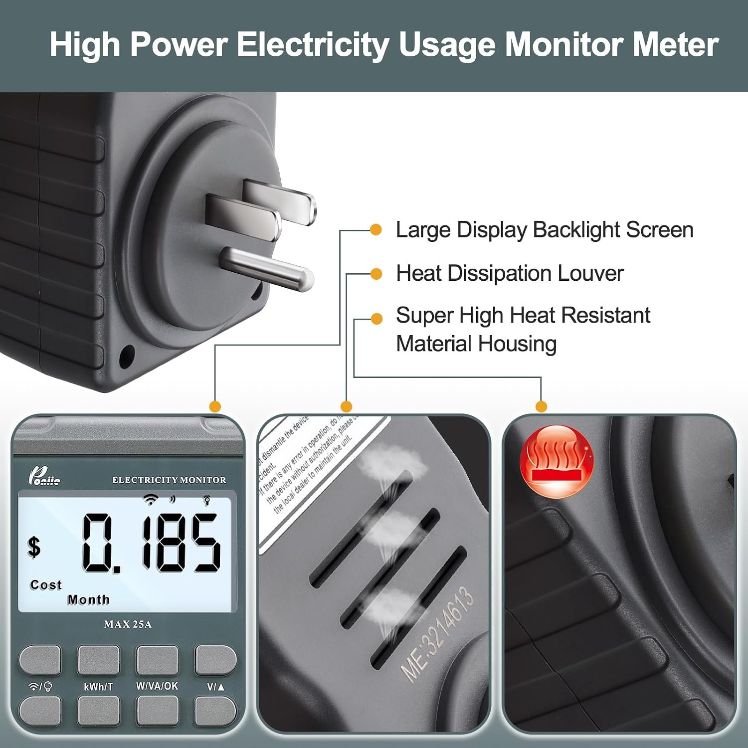 Poniie PN2500 Professional NEMA 5-15 Wi-Fi Wireless Level 1 EV Charger Pass-Through Power Usage Monitor (60-240V, 25Amp) - Image 3