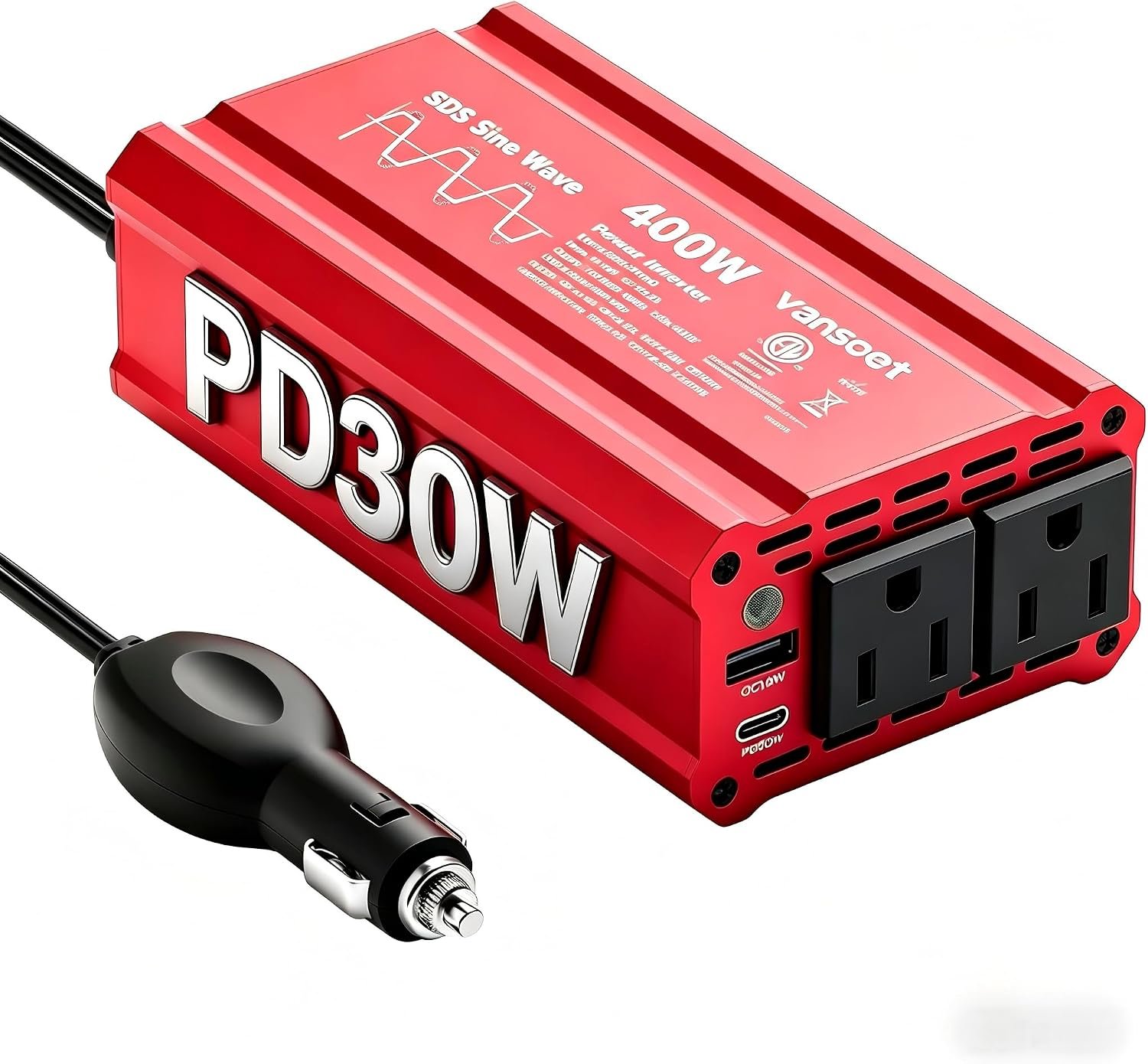 400W Car Power Inverter, DC 12V to AC 110V, PD3.0 QC18W 2 Outlets Dual USB | Peak Clipped Sine Wave, Car Charger Plug Adapter Power Converter, Charging Ports (Red-400) - Image 7