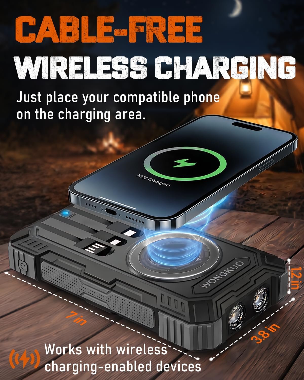 Solar Charger Power Bank - 49800mAh QC3.0 Fast Charging Portable Charger | 5V/3.1A Wireless Solar Battery Charger Built-in 4 Cables with USB C & Flashlight, Power 6 Devices for iPhone/Android(Inky) - Image 4