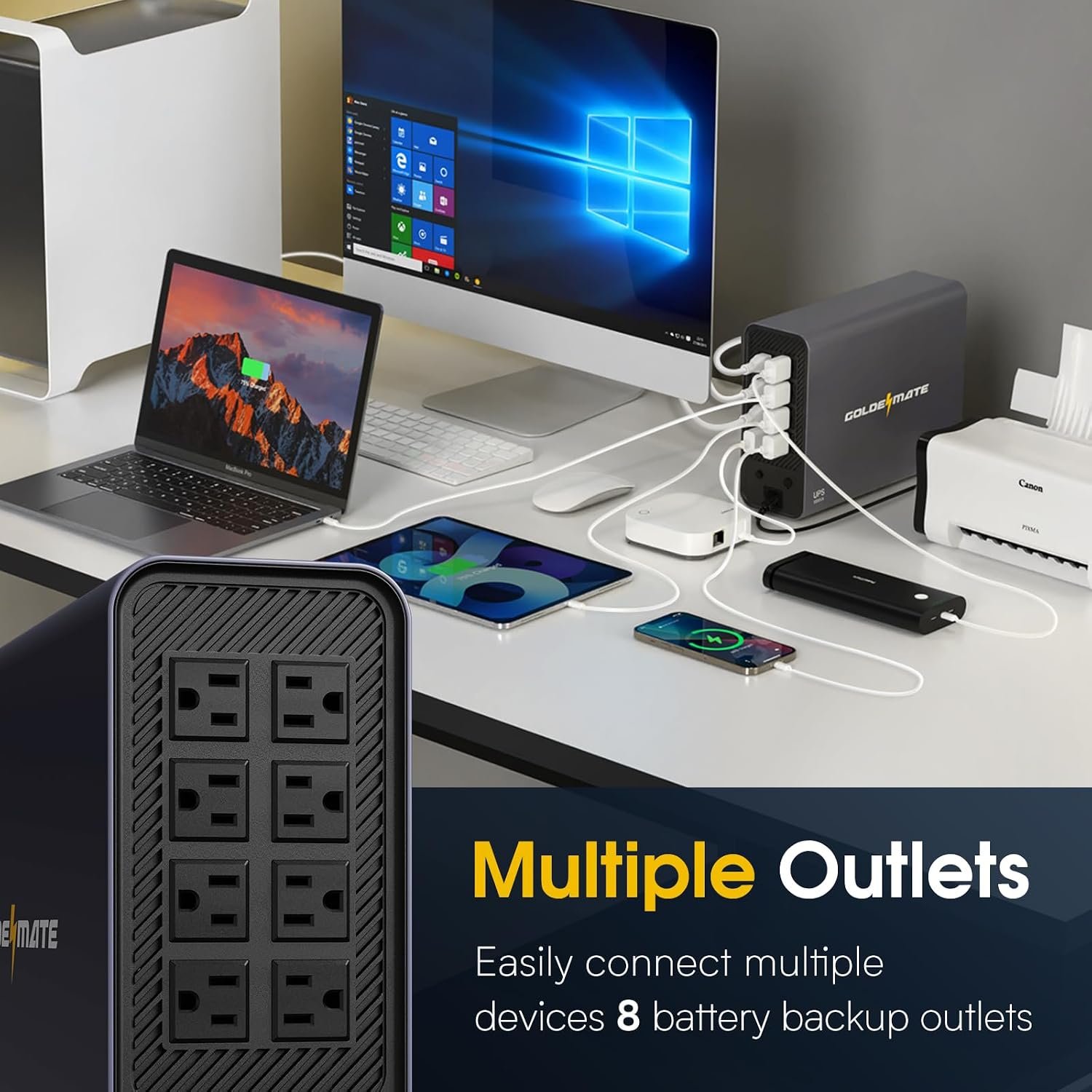 GOLDENMATE 1000VA/800W Lithium UPS Battery Backup & Surge Protector, Gray | Pure Sine Wave, 8 Outlets, Color LCD, 230Wh LiFePO4 Backup Battery, Uninterruptible Power Supply for PC/Internet/Home Office - Image 2