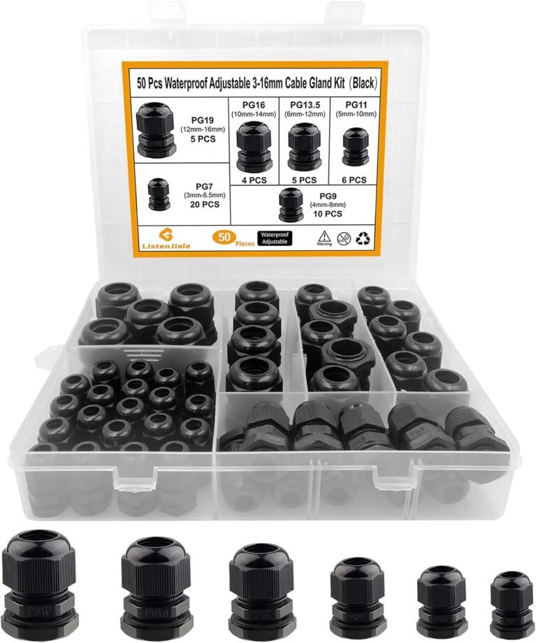 Cable Gland Waterproof,LISTENJIALE 50 pcs Adjustable 3-16mm Waterproof Cable Connectors PG7 PG9 PG11 PG13.5 PG16 PG19 Plastic Cable Gland Joints with Gaskets in PP Box(Black)