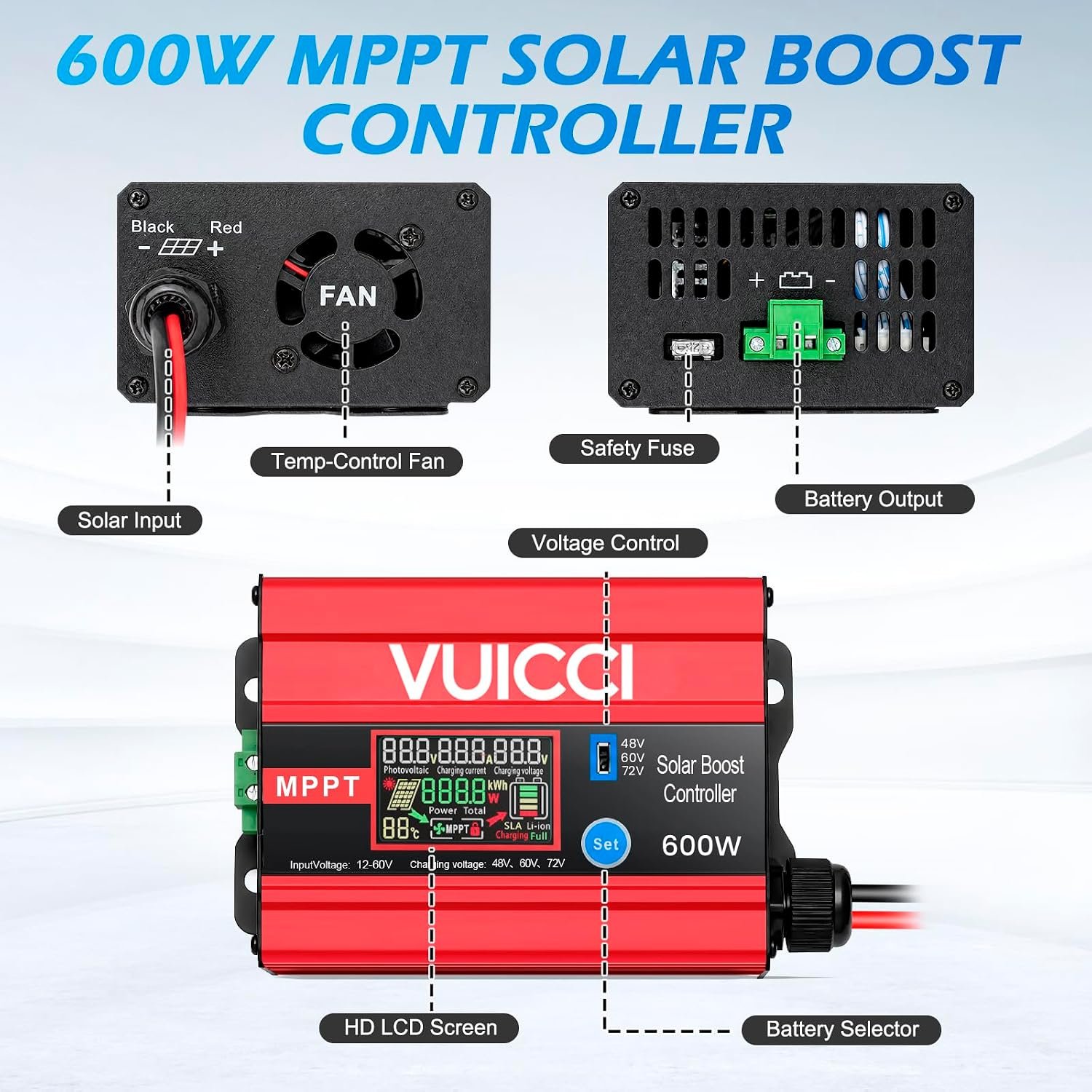 15A Boost MPPT Solar Charge Controller 600W | 12-60V to 48V/60V/72V Step-Up | LiFePO4/Ternary Lithium/Lead-Acid/AGM/Gel | Color LCD | 99% Tracking | RV Golf Cart Off-Grid | 1-Year Warranty - Image 6