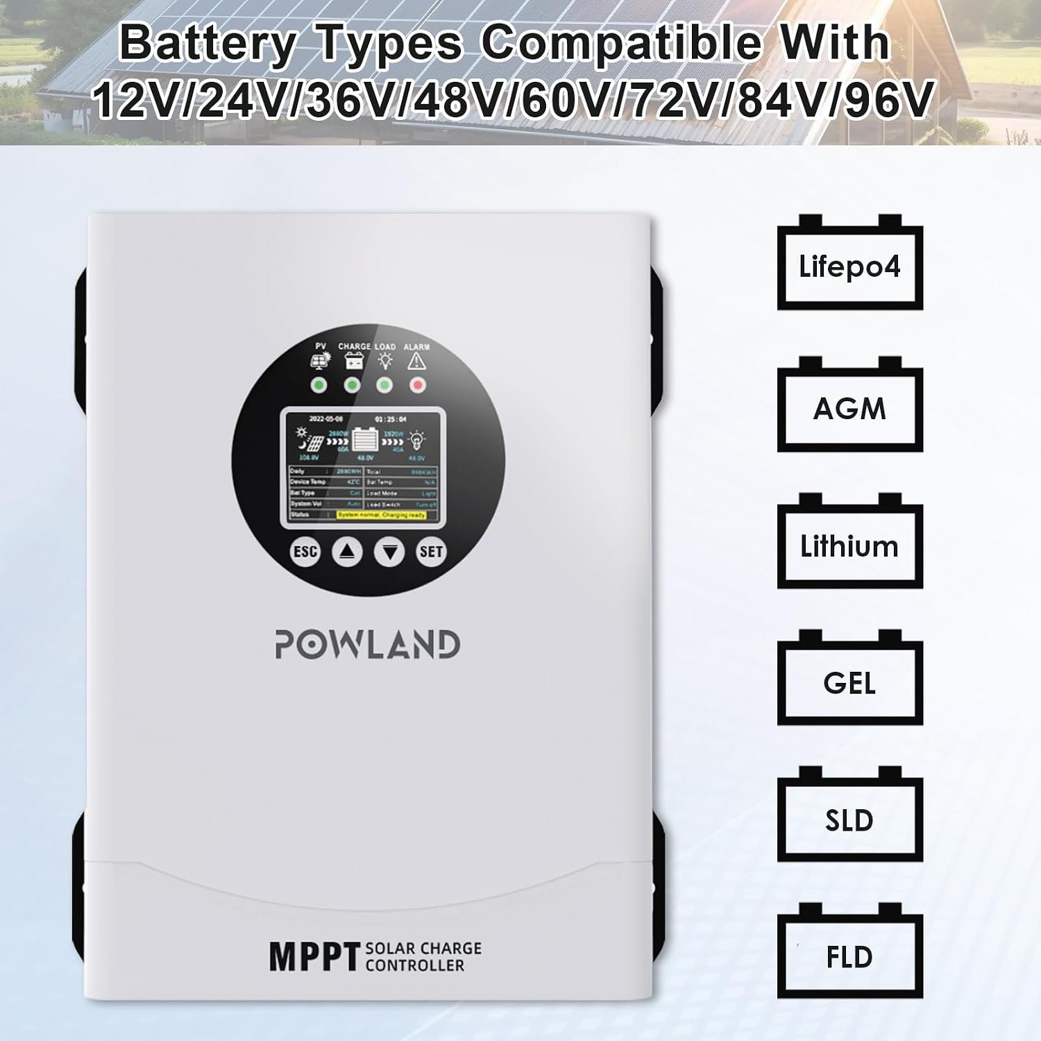 POWLAND 120A MPPT Solar Charge Controlle 12V/24V/36V/48V/60V/72V/84V/96V Auto,Max Input 230V Solar Charger, LCD Display Intelligent Regulator for AGM, Gel, Lithium ect - Image 5