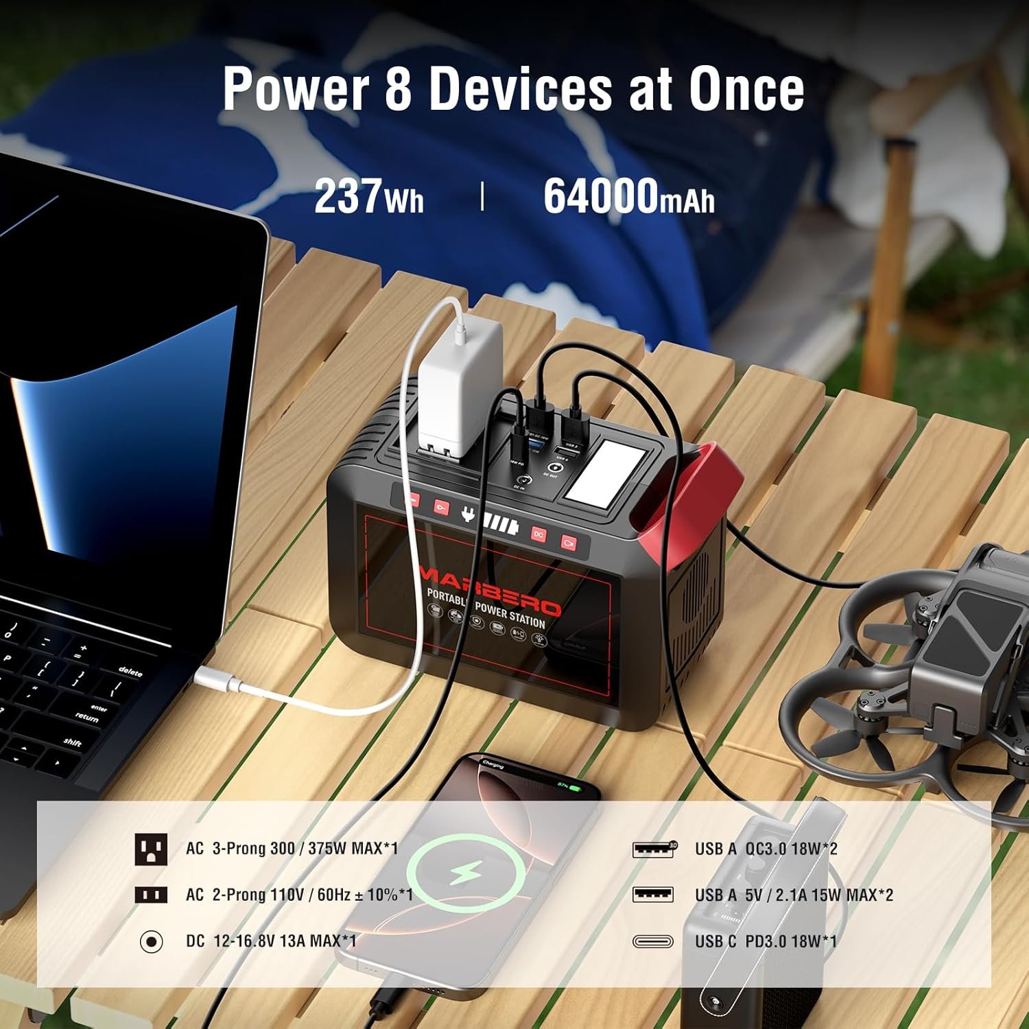 MARBERO 237Wh Solar Generator with Solar Panel Included Portable Power Station 300W Pure Sine Wave with Foldable Solar Panel 60W Set for Camping Outdoor Hiking Fishing Emergency | Solar Powered Generator 375W Surge Portable Power Station Pure Sine Wave 110V for Camping Outdoor Fishing Home Emergency CPAP - Image 3