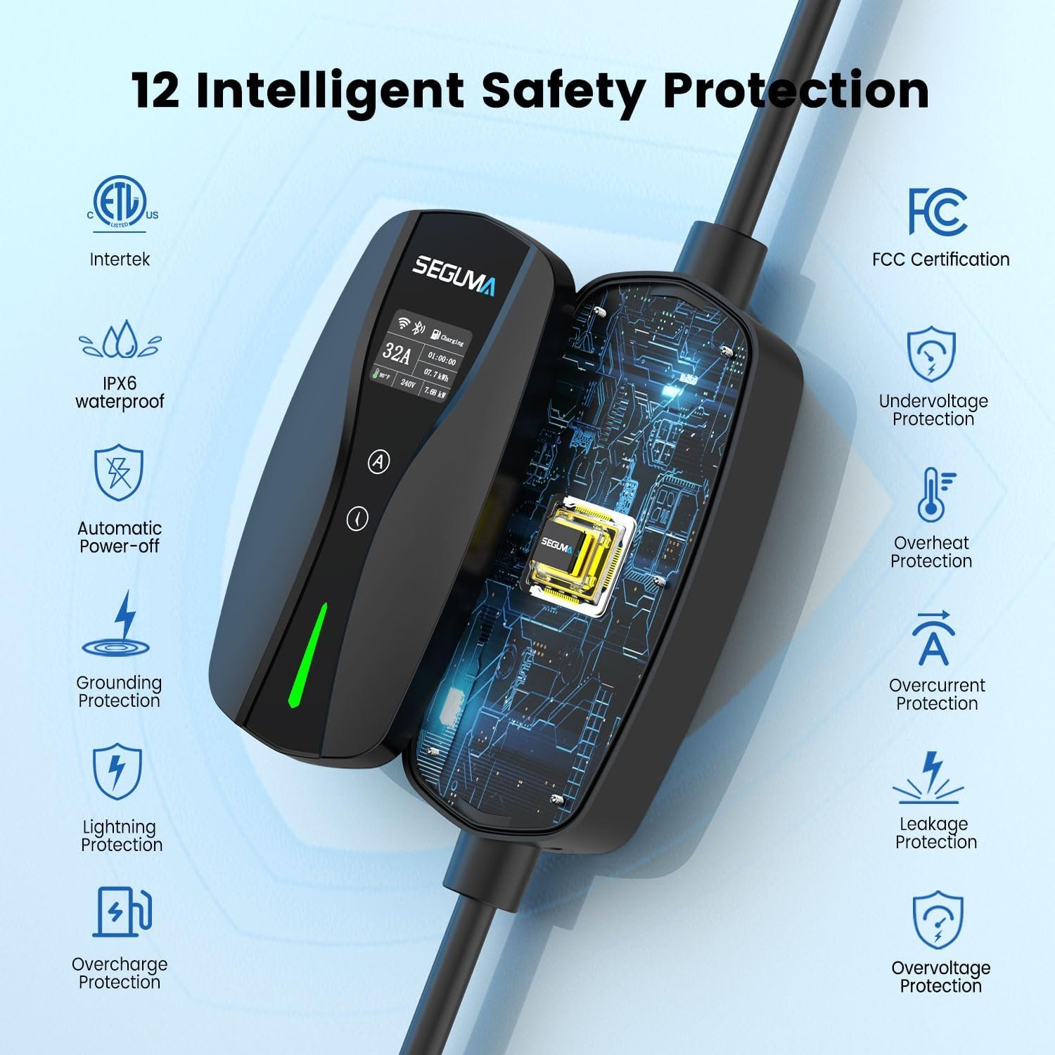 SEGUMA Level 2 EV Charger for Tesla, 32A Wi-Fi/App ETL Certified for NACS | NEMA 14-50, Adjustable Current, Timing Delay, 25FT, 240V 7.68kW, Portable Electric Car Charger, NACS EV Chargers, Black - Image 8