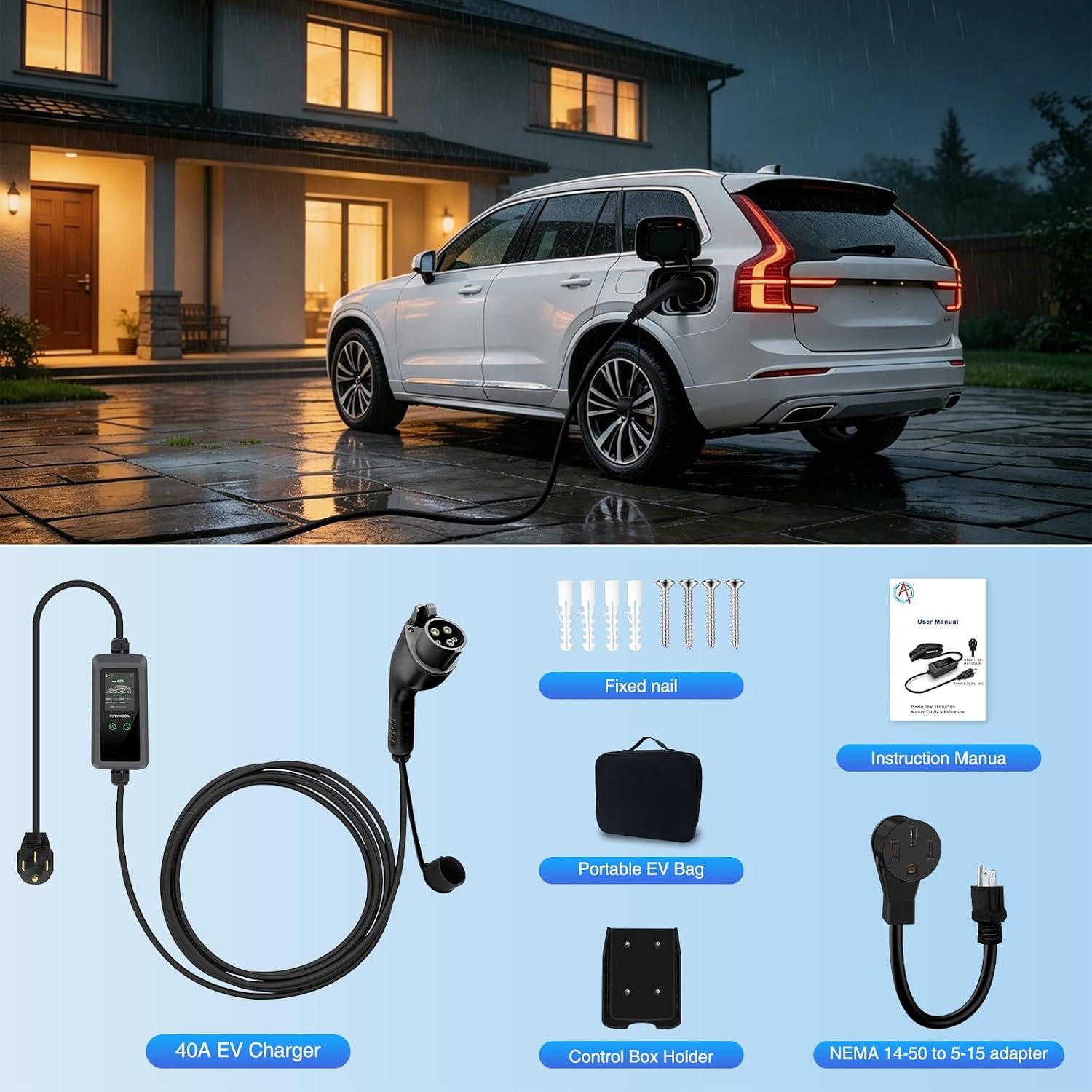 Level 2 EV Charger, 40 Amp 240V 9.6kW, 25ft Cable, LED Display | Portable J1772 Charger EV Car Charging Stations for Home Level 2, NEMA14-50 Plug, Current Adjustable (Tesla Need Adapter) - Image 9