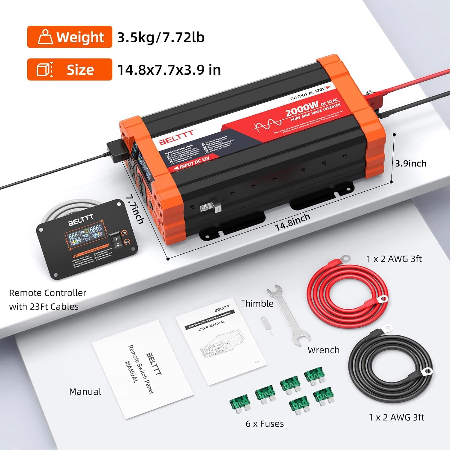 2000W Pure Sine Wave Inverter 12V DC to 120V AC, 4000W Surge | LCD Display, Dual AC and 20A Outlets, 23ft Remote, Hardwire Port, USB, Power Inverter for Solar, RV Truck, 93% Max Efficiency - Image 9