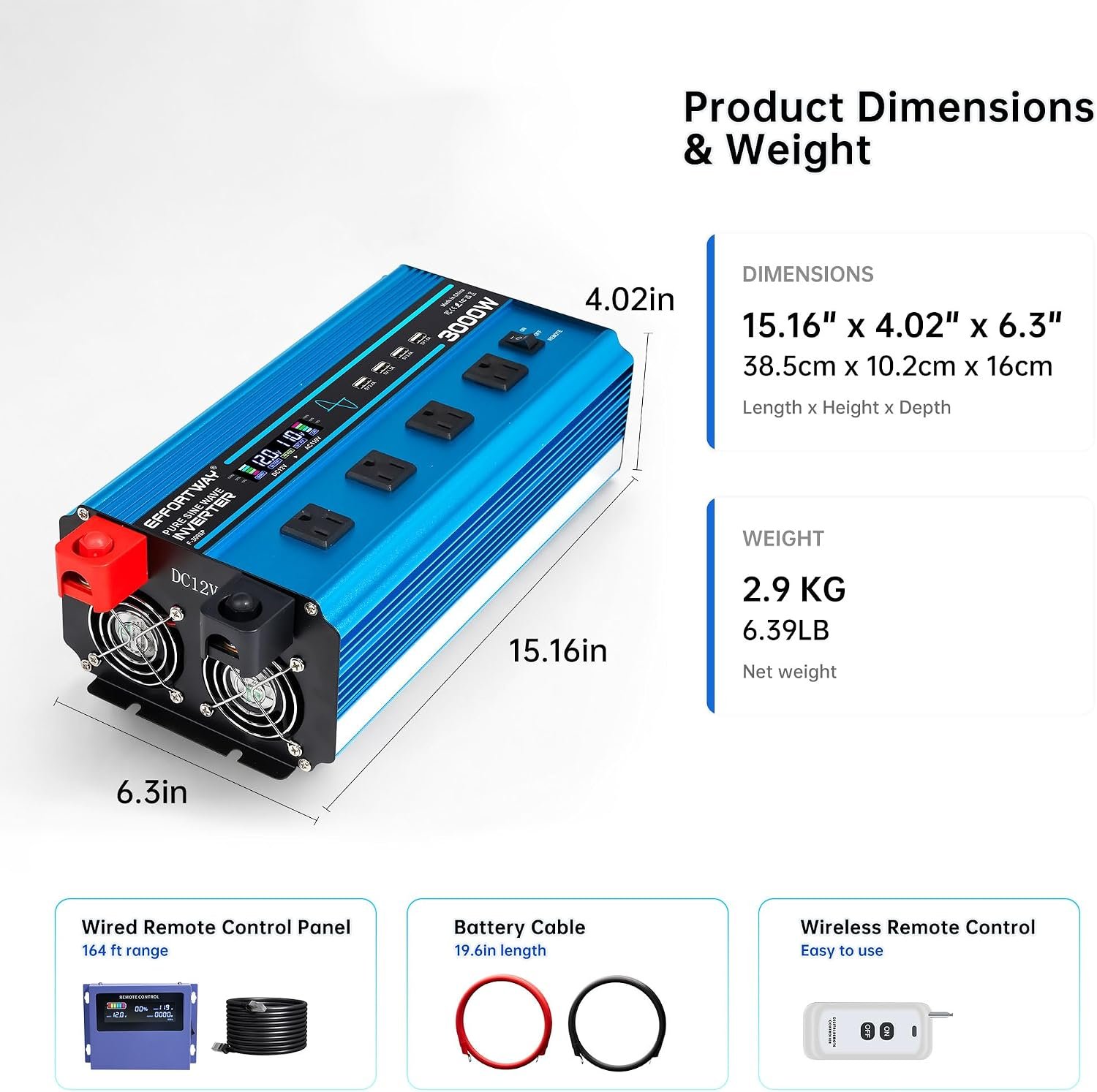3000w Pure sine Wave Inverter DC 12V to AC 110V/120V Converter, 6000w (Peak) with LCD Display, Wireless/Wired Remote Control, 4AC outlets and 4USB.Ideal for Camping, RV Travel, Off-Grid Solar Systems - Image 9
