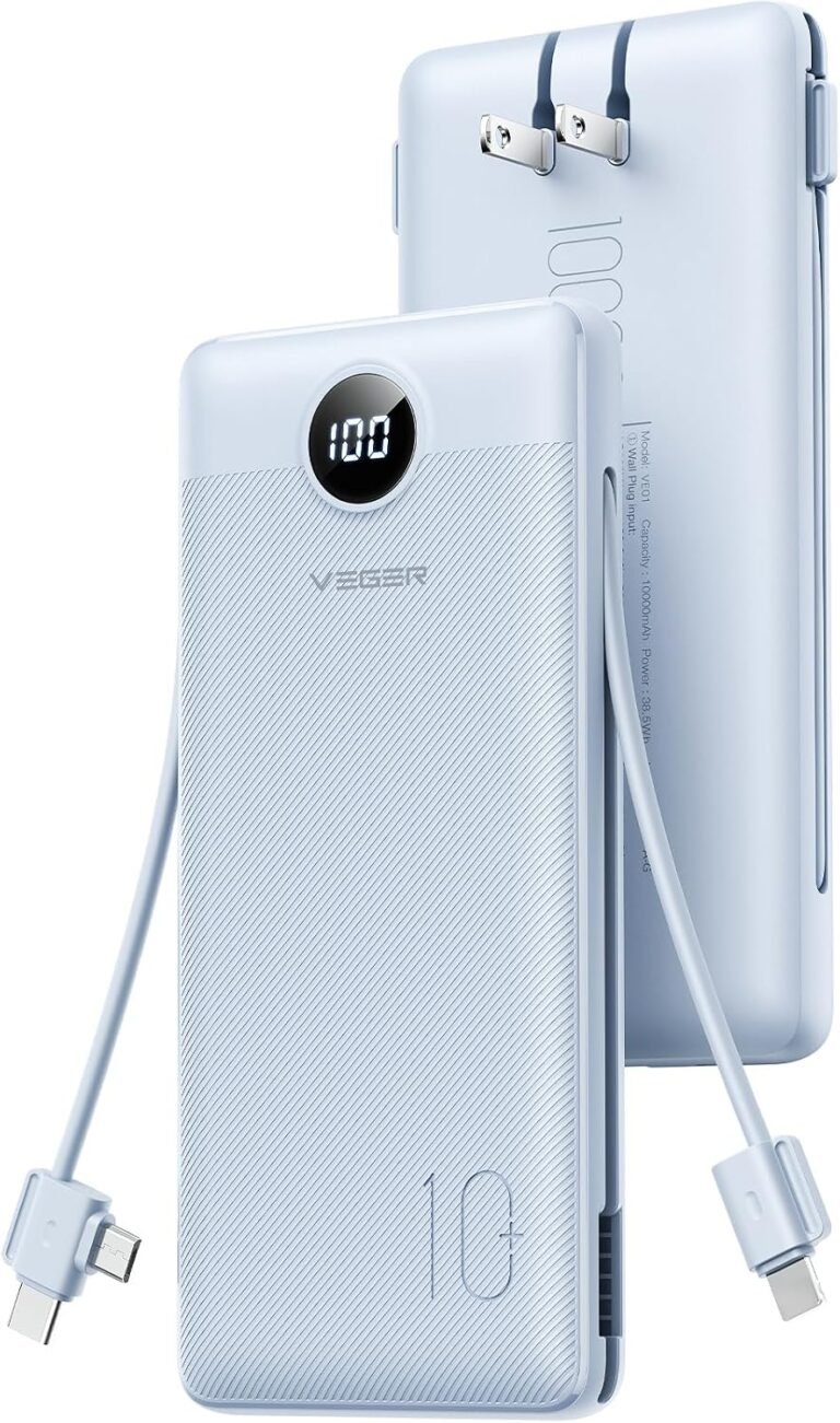 VEGER Portable Charger, 10000mAh Power Bank Built in Wall Plug and Cables | Ultra Slim&Compact, Charge 5 Devices at Once, Flight-Safe, Travel Essentials Battery Pack for iPhone 17, iPad, Samsung, etc