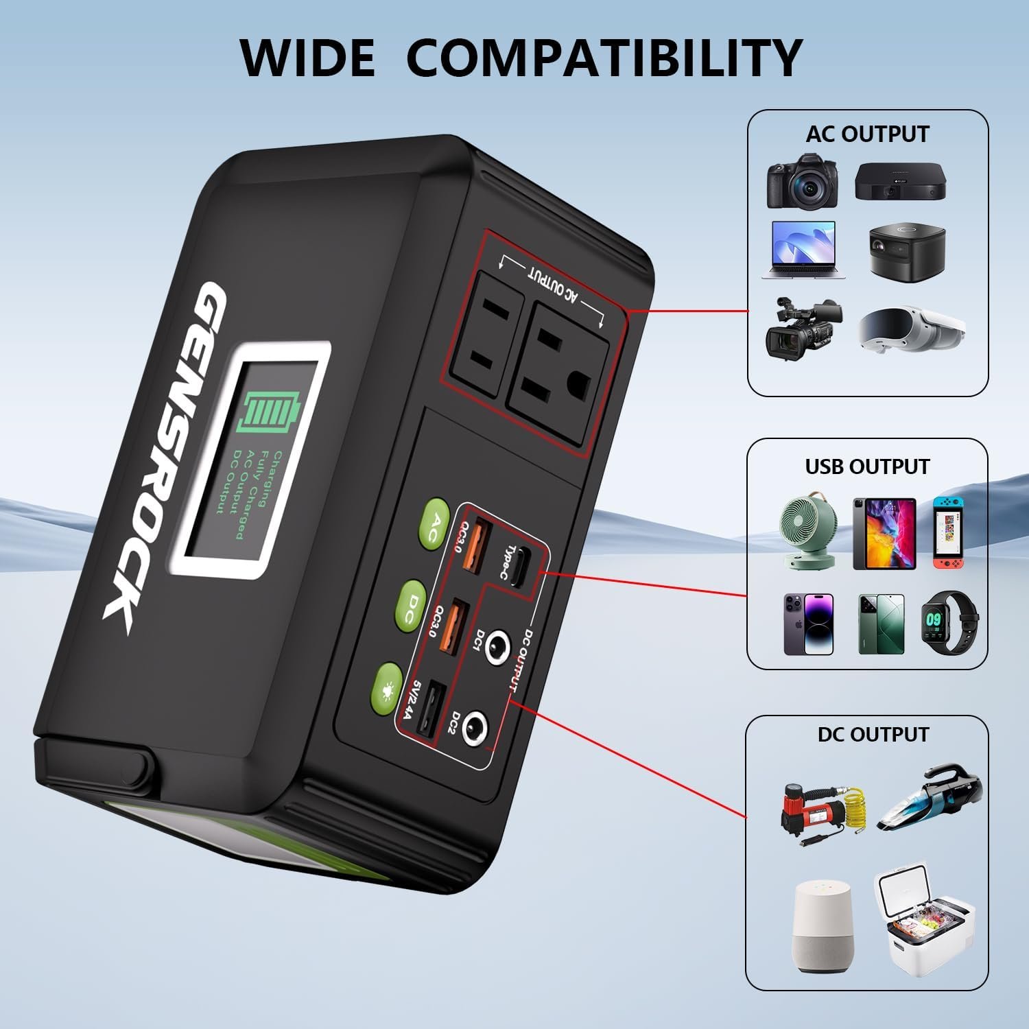 GENSROCK Portable Power Bank, 24,000mAh Portable Laptop Charger | 150W Peak AC Outlet, 8-Port Compatible with iPhone Series, MacBook, Dell, Samsung for Outdoor Camping Home Office Emergency. - Image 3