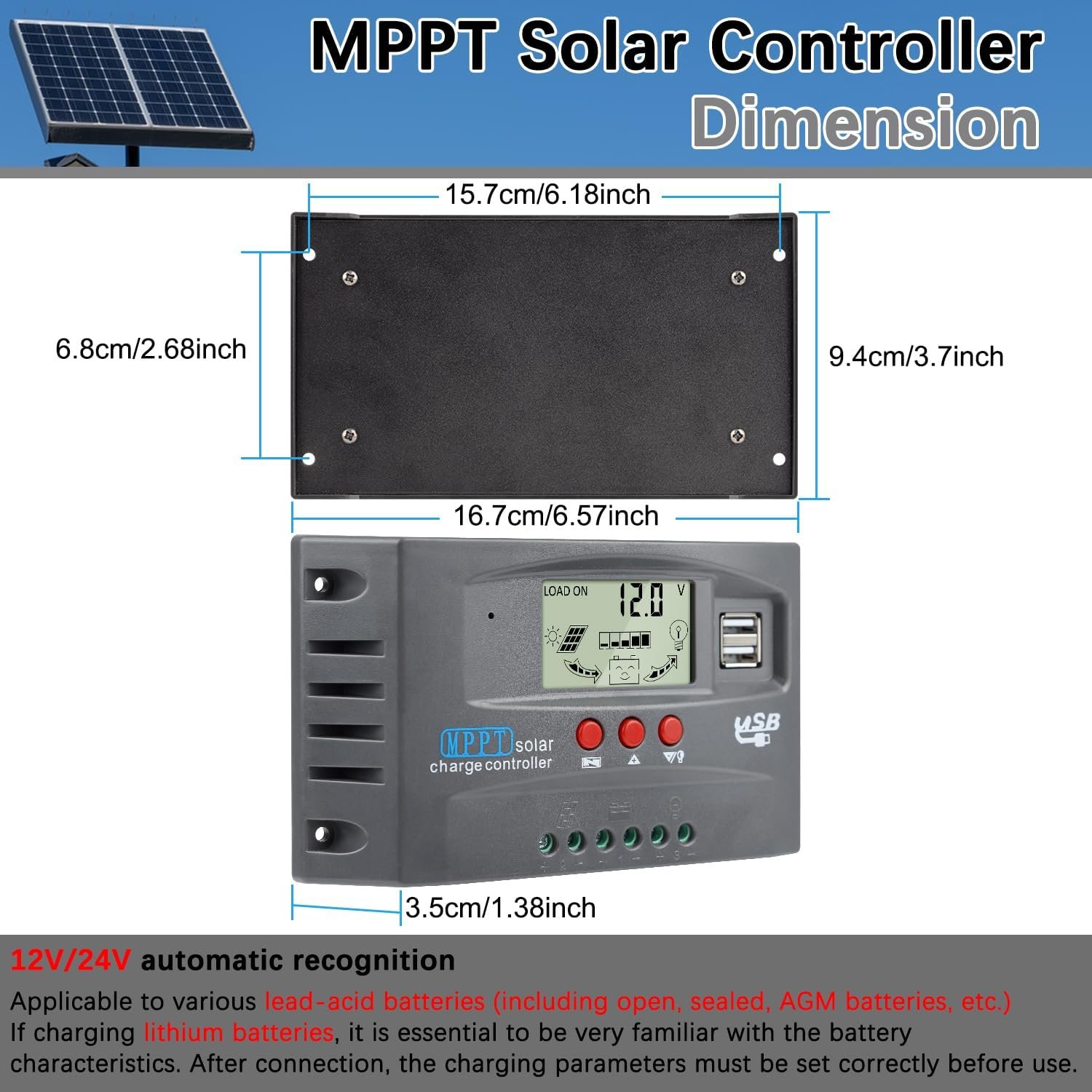 100A MPPT Solar Panel Controller 12V/24V Auto Solar Charge Intelligent Regulator for Lead-Acid Open Sealed AGM and Li Battery Solar Battery Controller with 2 USB Ports/LCD Display/3 Work Modes Grey - Image 2