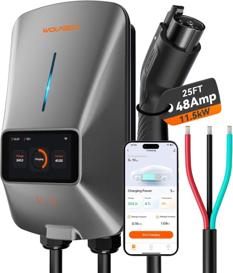 WOLFBOX Level 2 EV Charger 48amp,Hardwired with J1772 Connector,240V(E48) | CSA Certified,Weatherproof(IP66,NEMA4),25FT Cable,Smart APP&RFID Card control,Wi-Fi Enabled,11.5KW