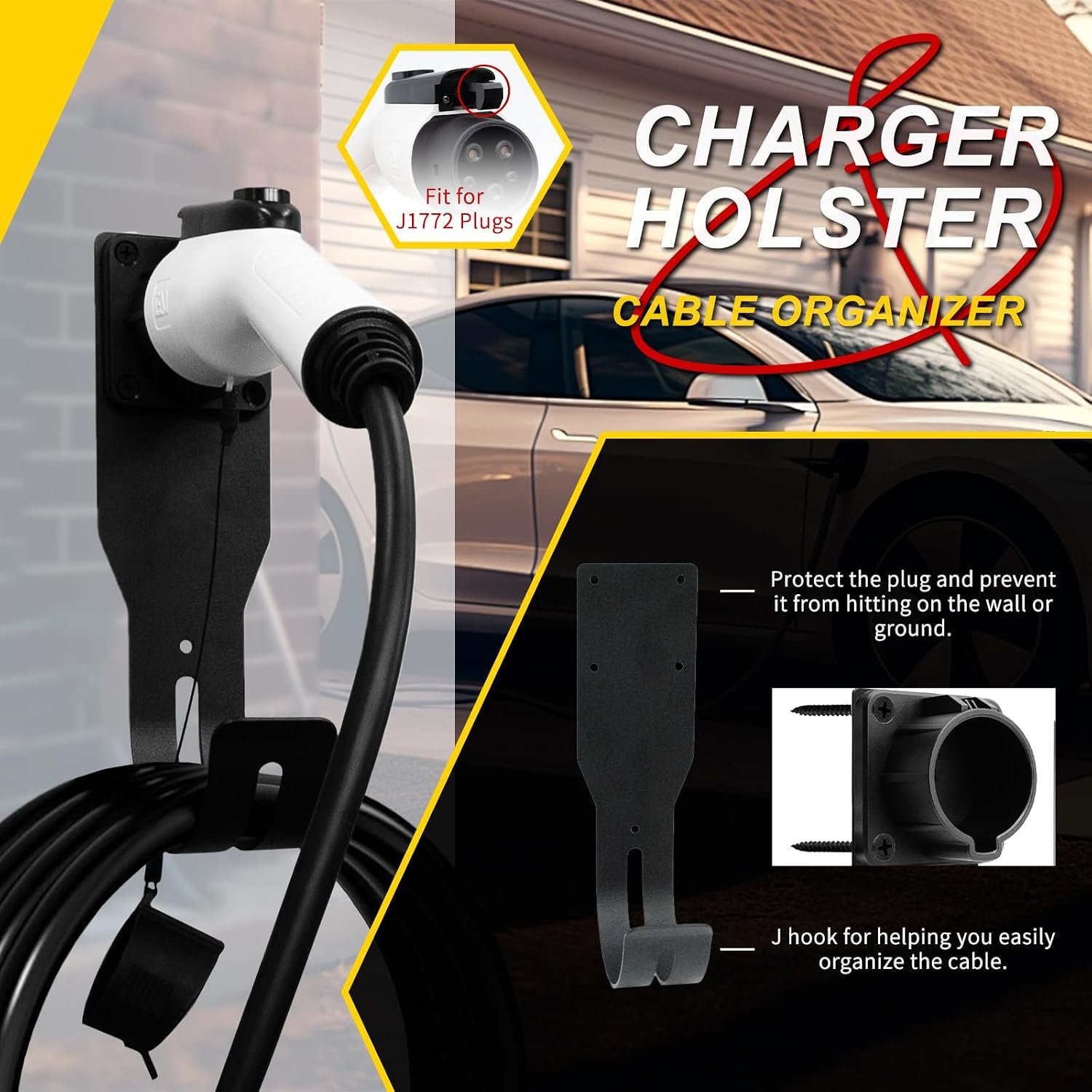 EV Charger Holder Wall Mount Kit EV Charger Holster Dock for SAE J1772 Connector, J-Hook EV Charger Cable Holder & EV Charging Box Holder for Electric Vehicles Outdoor/Indoor - Image 4