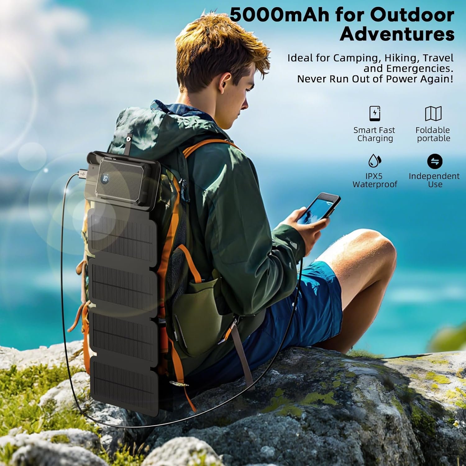 YELOMIN Solar Charger Power Bank 5000mAh with 4 Foldable Panels & 2 Built-in Cables, Wireless Portable Charger, Outdoor External Battery Pack with USB-C in/Output & SOS Flashlight for Camping Hiking - Image 7