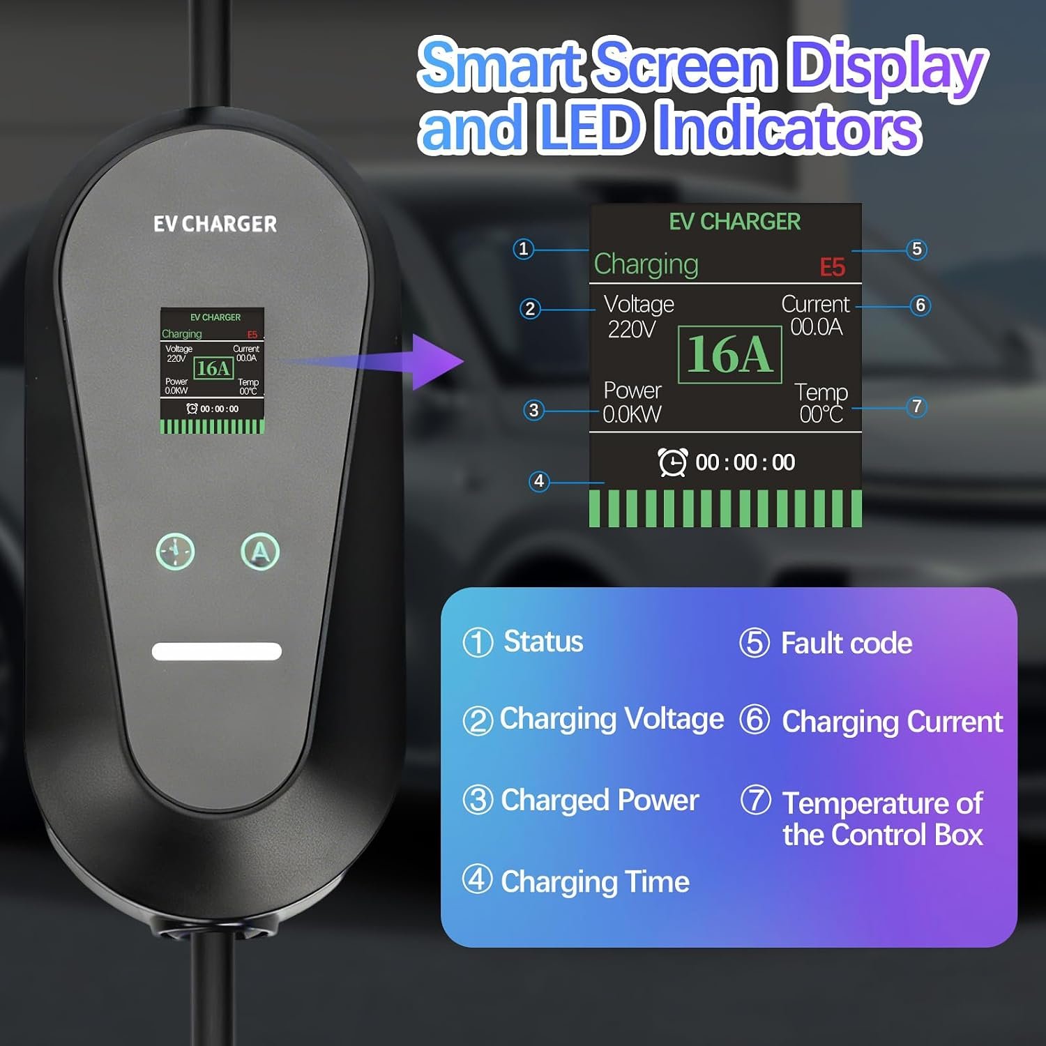 Level 1+2 Portable EV Charger for Electric Cars, 16A 3.5KW with 1.8 Inch LCD Display, 110V-240V, 6-20P Power Plug, J1772 Compatible, Applicable to Household Electricity - Image 4