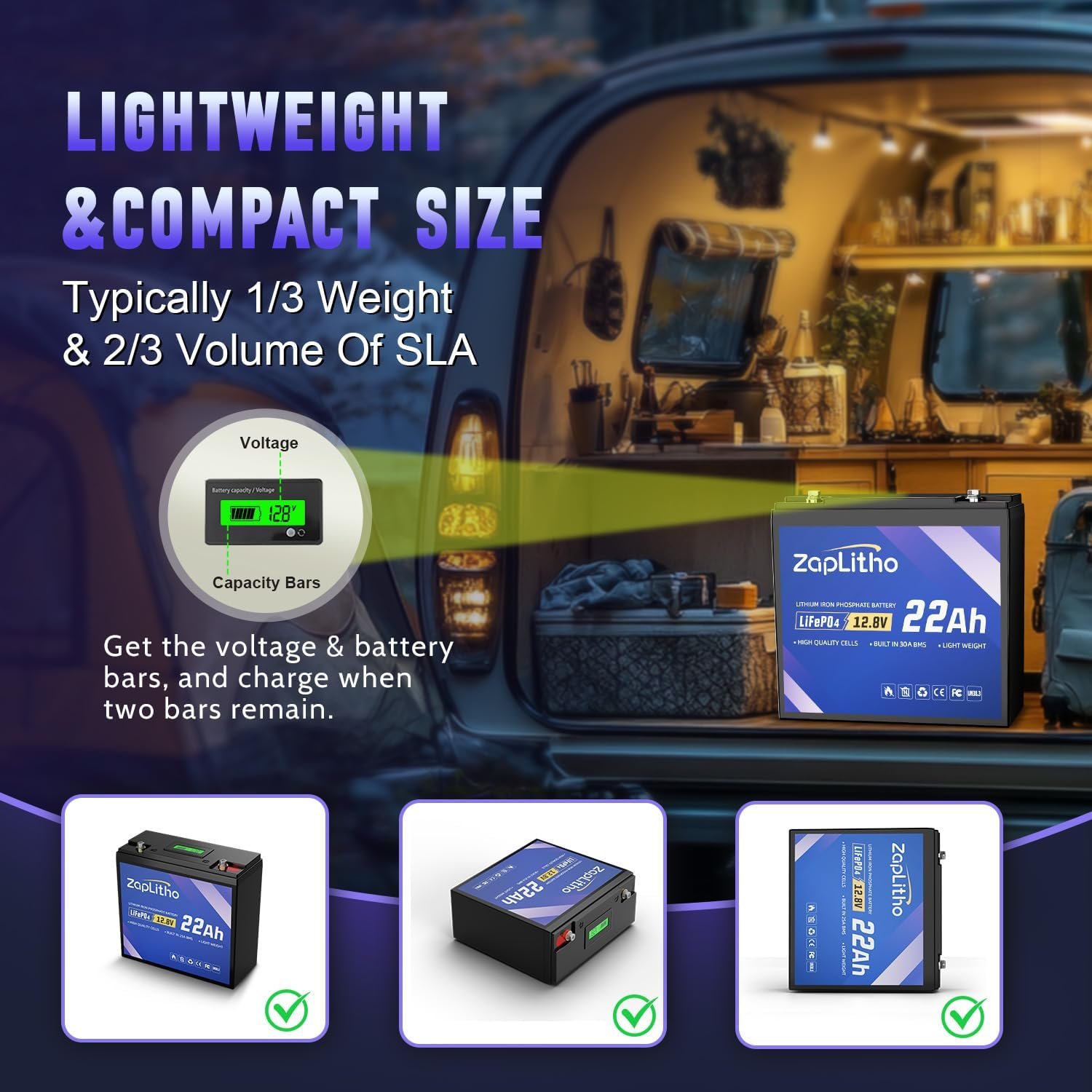 Upgraded 12V 22Ah Lithium Battery LiFePO4, LCD Voltage Diaplay & 30A BMS, Deep Cycle Grade A Cells, Lightweight Lithium Iron Phosphate Battery for Fishfinder, Ham Radio, Camp, Solar, Off Grid - Image 3