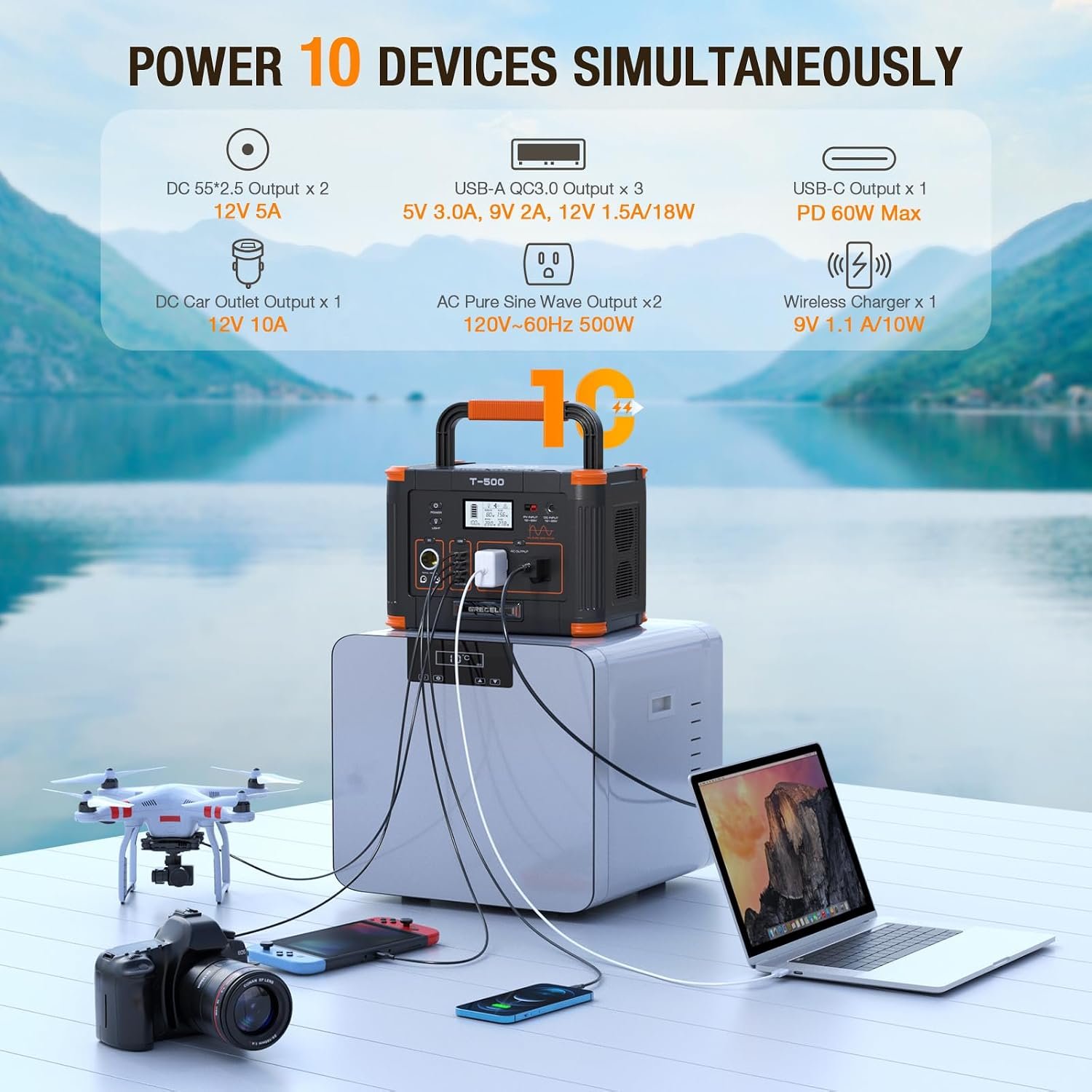 Portable Power Station 500W(Peak 1000W), 519Wh Outdoor Solar Generator | Backup Battery Pack with 2 AC Outlets, 500W 10-Port Powerhouse for RV/Van Camping Fishing Climbing Road Trip Home Emergency - Image 3