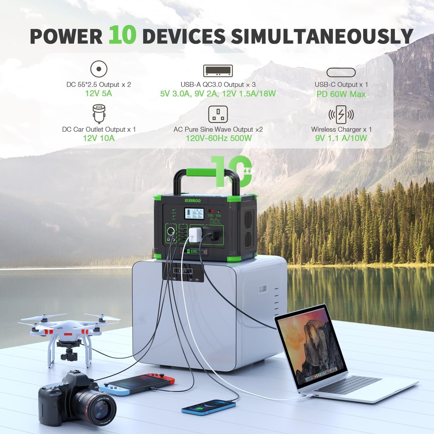 EBL 519.48Wh Solar Generator Kit with 100W 20V Solar Panel | 500W Portable Power Station Backup Battery Power Supply for RV/Van Camping Fishing Climbing Road Trip, Home Use - Image 2