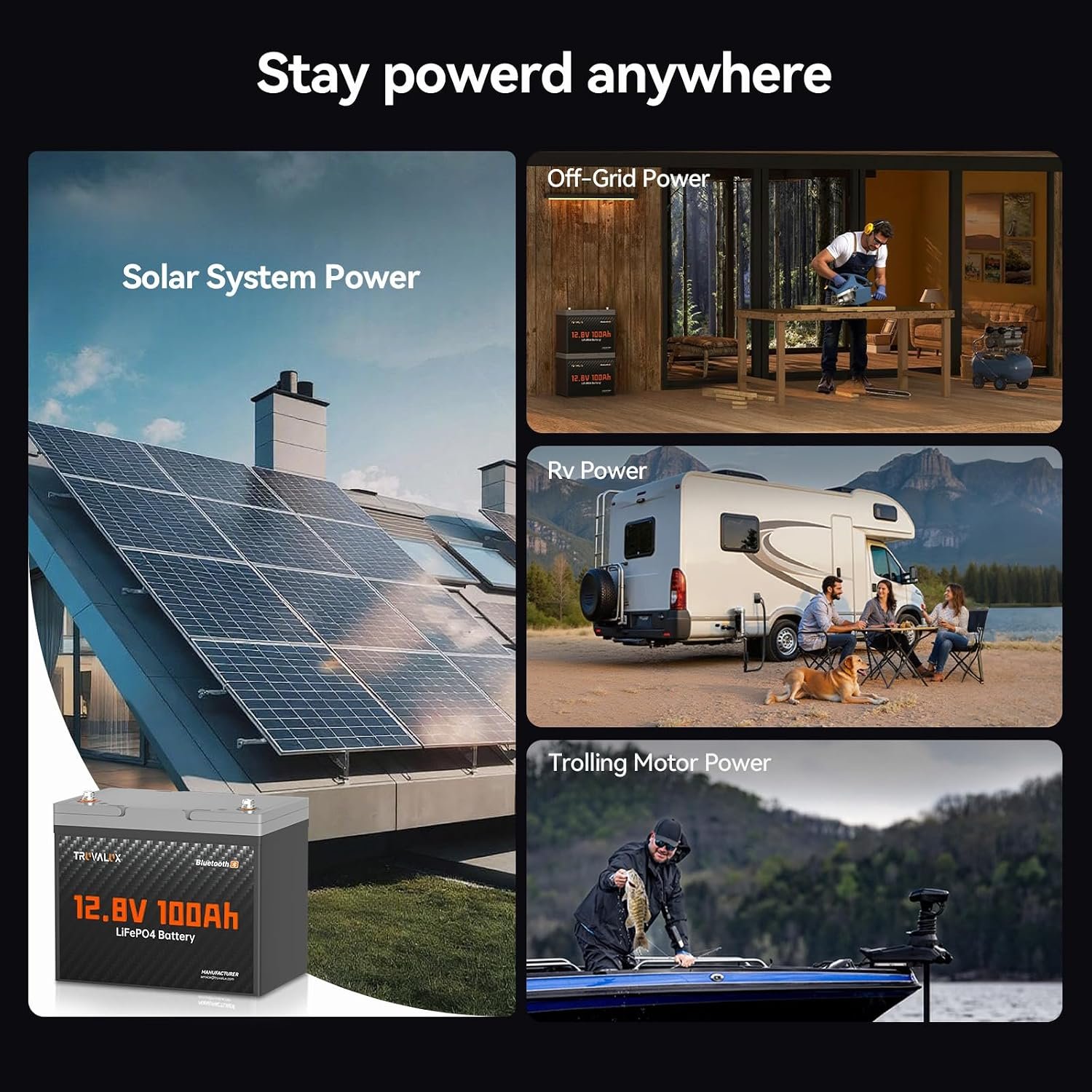 12V 100Ah LiFePO4 Lithium Battery with Bluetooth, Group 24 | 100A BMS, 1280Wh Capacity, 5000+ Deep Cycles & Low Temp Cut-Off. Ideal for Trolling Motor, RV, Marine, Solar & Off-Grid Power - Image 9