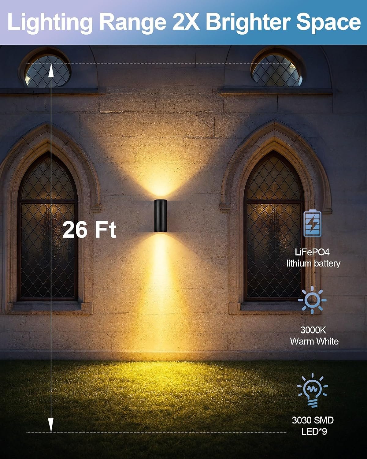 pearlstar 2 Pack Solar Wall Lights Outdoor Dusk to Dawn Solar Sconces Lights, Up & Down Warm White Glow IP65 Waterproof Wall Mount Lamp for Outside Garage Fence Patio Porch Yard, 10.6" - Image 4