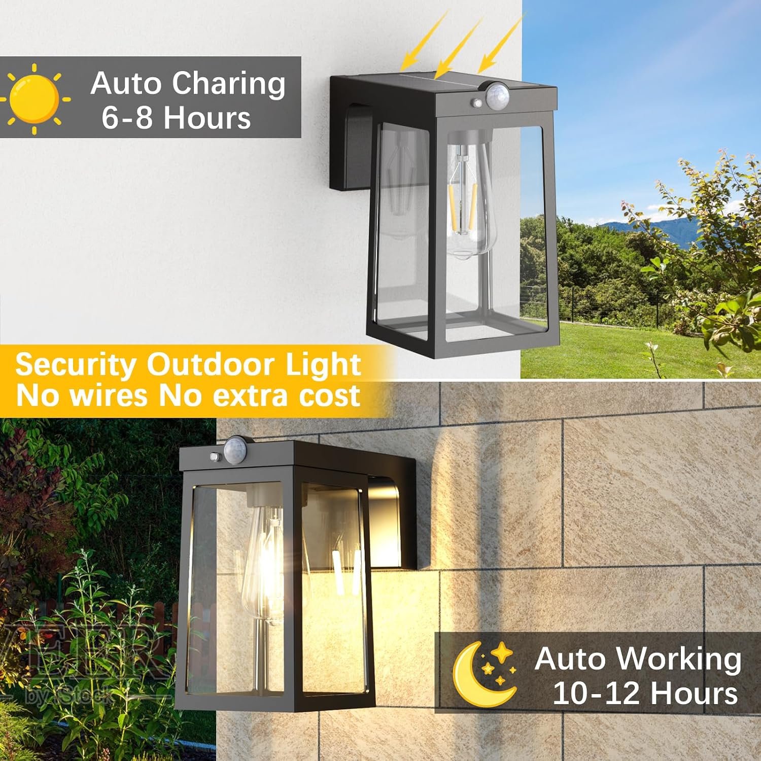 Greluna Solar Motion Sensor Lights, Solar Lights with 2 Modes & Waterproof, Dusk to Dawn Glass Outdoor Wall Lights for Entryway Exterior Front Porch Patio Fence Lantern (2 Pack) - Image 2