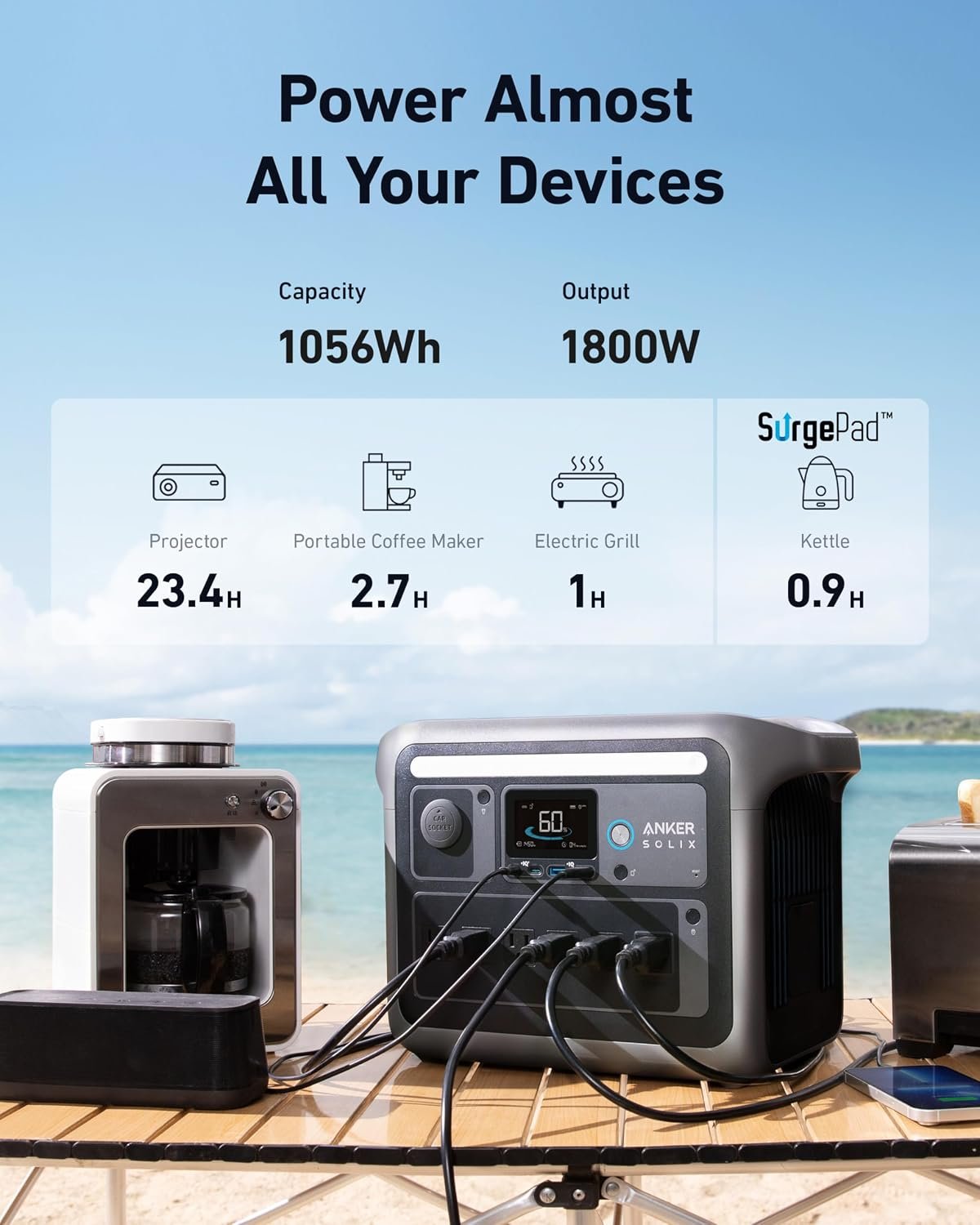 Anker SOLIX C1000 Portable Power Station, 1800W (Peak 2400W) Solar Generator, Full Charge in 58 Min, 1056wh LiFePO4 Battery for Home Backup, Power Outages, and Outdoor Camping (Optional Solar Panel) - Image 4