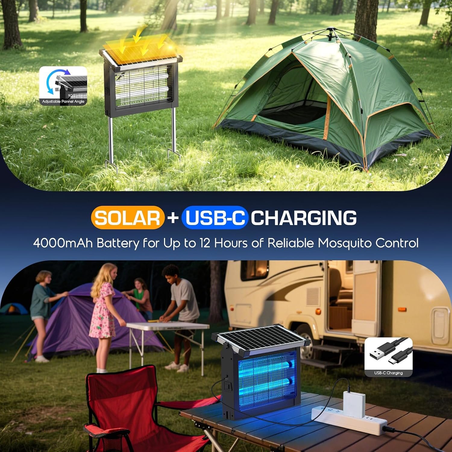 Solar Bug Zapper Outdoor, 4500V Cordless Mosquito Zapper with Solar Power | Smart Light Sensor, Solar & USB Rechargeable, IPX5 Waterproof Insect Killer For Patio, Garden, Backyard, Camping And Indoor - Image 2